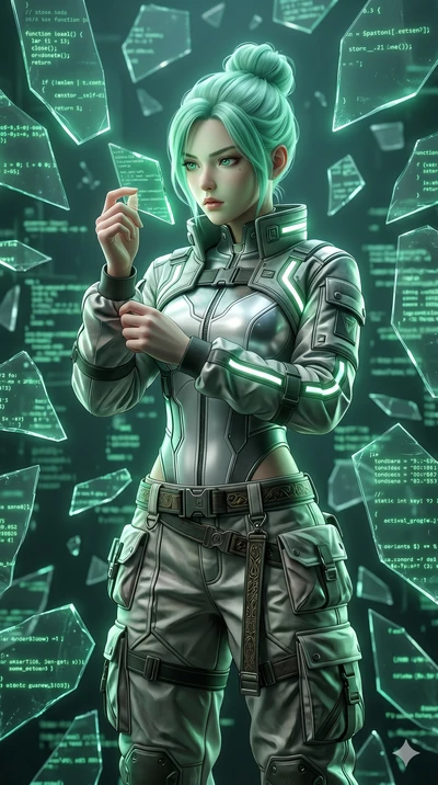 score_9, masterpiece, best quality, ultra-detailed, high-budget anime keyframe, semi-realistic 3D game render, Japanese woman. Upper body close-up from the thighs up, character filling the screen for maximum presence. Standing in a room of floating g