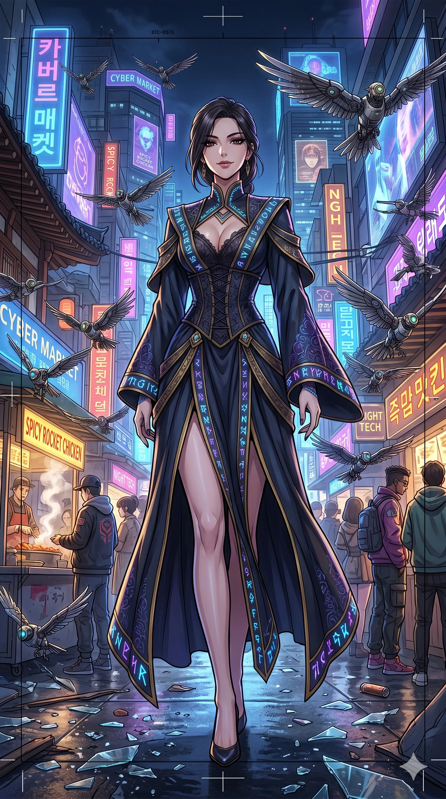 score_9, masterpiece, best quality, ultra-detailed, Set A: High-budget Anime Keyframe, Korean woman. Low angle cowboy shot filling the entire 9:16 frame with her statuesque presence. Standing victoriously through a futuristic night market, surrounded by a whirlwind of 172 mechanical birds and surrounded by shattered glass fragments. She has an absolutely perfect 8-heads proportion, an exceptionally tall and slender female figure with impossibly long slender legs and an ultra-slim waist. Sharp v-shaped jawline, high-bridge nose, intricate jewel-like eyes with depth, thick eyelashes, glossy lips with a natural sheen. Wearing Dark sorceress robes with glowing runes and a deep-cut lace corset. Cinematic lighting, vibrant colors, dramatic shadows, 2k, ultra detail, master piece, 9:16 ratio