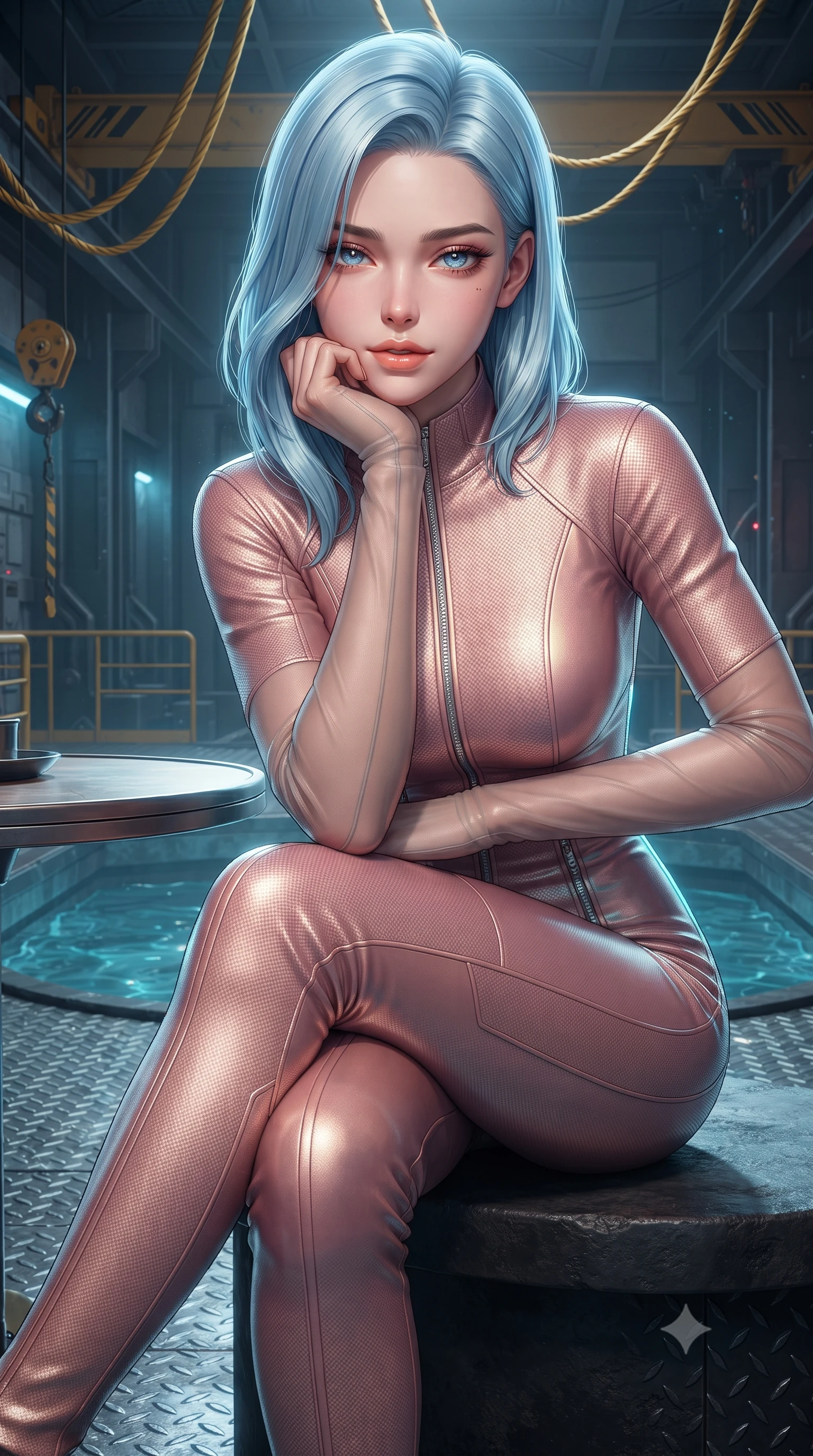 score_9, masterpiece, best quality, ultra-detailed, high-budget anime keyframe, editorial fashion photography, tasteful artistic composition, Korean woman. close-up cowboy shot from the waist and thighs up, the character dominates the composition, filling the frame with her large presence. resting one elbow on the table and supporting her chin, leaning close to the camera with heavy-lidded sparkling eyes and parted lips while sitting gracefully on the heated basalt ledge with legs crossed, flashing an enchanting smile with parted glossy lips. The surrounding environment is rendered in vivid detail and crisp panoramic clarity: sharp frosted diamond-plate steel textures, heavy yellow crane cables, and clear water ripple caustics in deep focus. She has an exceptionally elegant, slender, and willowy female figure with an ultra-slim waist, flat toned midriff, narrow ribcage, and sculpted feminine hips creating an alluring, slim hourglass silhouette without bulk. sharp v-shaped jawline, high-bridge nose, intricate jewel-like sparkling eyes with depth, thick eyelashes, glossy parted lips with a natural peach sheen, bright cheerful beaming smile with an enchanting and coquettish sensual glint, exuding both youthful cute charm and seductive allure, flawlessly proportioned anatomical accuracy, strict slender model proportions, natural body alignment, perfectly sculpted long slender limbs, ultra-slim waistline, clean dynamic posture without body distortion. wearing a sculpted tactical lambskin leather catsuit with seamless paneling and silver zipper hardware accentuating her flat midriff and curvy hips in Solaris liquid rose-quartz and alien peach, woven from structured carbon-fiber jacquard with rich textural depth, complemented by sheer opera-length evening gloves tracing her slender arms, the liquid-tight tailored fabric clinging flawlessly to her narrow waist and rounded feminine hips, emphasizing every millimeter of her sculpted slim hourglass curves without any bulky heaviness. illuminated by moon-pool reflection bounce and sharp aquamarine rim lights defining her jawline, narrow waist, and curvy hips. ultra-reflective glossy finish, specular highlights, rich textural contrasts, high-contrast stereoscopic depth, volumetric dynamic lighting, 2k, ultra detail, master piece, 9:16 ratio