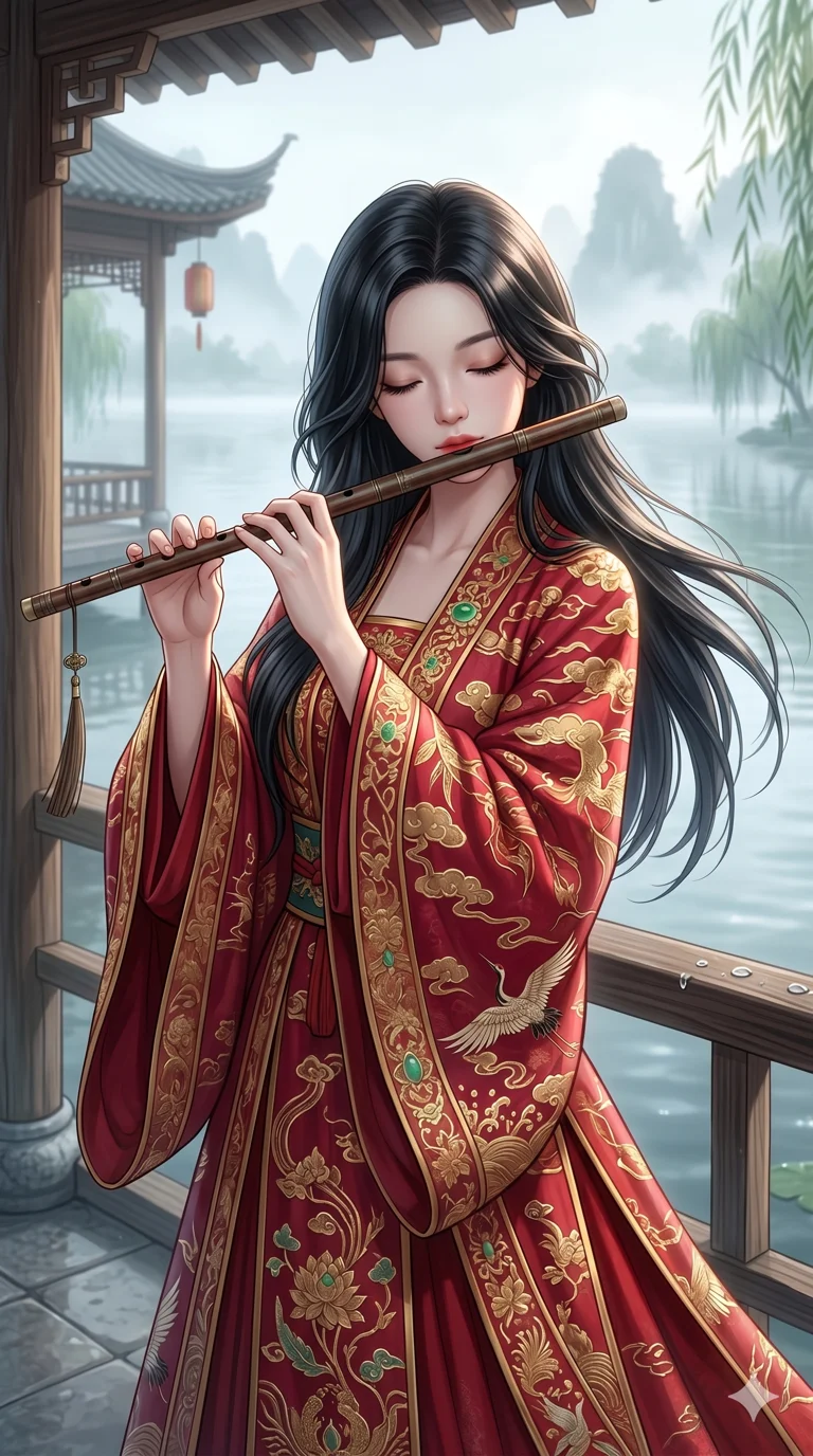 score_9, score_8_up, score_7_up, source_anime, masterpiece, best quality, ultra-detailed, same character with long flowing black hair, wearing a traditional red and gold hanfu dress, upper body close-up from thigh up filling the screen, playing a traditional wooden flute with closed eyes, serene lakeside pavilion, misty morning, 2k, 9:16 ratio