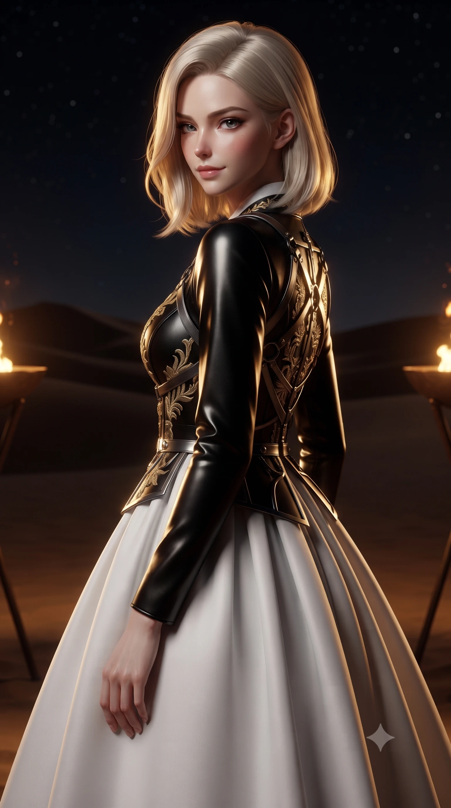 score_9, masterpiece, best quality, ultra-detailed, high-budget anime keyframe, editorial fashion photography, tasteful artistic composition, Caucasian woman. close-up cowboy shot from the waist and thighs up, the character dominates the composition, filling the frame with her large presence, background elements kept in soft focus. Glancing sidelong over her shoulder with a smoldering, enigmatic half-smile, looking back with a magnetic gaze as bronze braziers cast warm rim rays, dark desert sand dunes stretching silently into a pitch-black starry sky. She has an exceptionally elegant, slender, and willowy female figure with an ultra-slim waist, a gracefully sculpted slender torso, and a refined silhouette. sharp v-shaped jawline, high-bridge nose, intricate jewel-like eyes with depth, thick eyelashes, glossy lips with a natural sheen. wearing modern fusion white hanbok dress with structured gold-embroidered bodice in pitch-black onyx, made of polished black leather, highlighted by a gunmetal metallic harness structure, following her slender form with tailored precision. bathed in dramatic golden-amber and deep desert sky contrast. ultra-reflective glossy finish, specular highlights, metallic sheen, high-contrast stereoscopic depth, volumetric dynamic lighting, 2k, ultra detail, master piece, 9:16 ratio