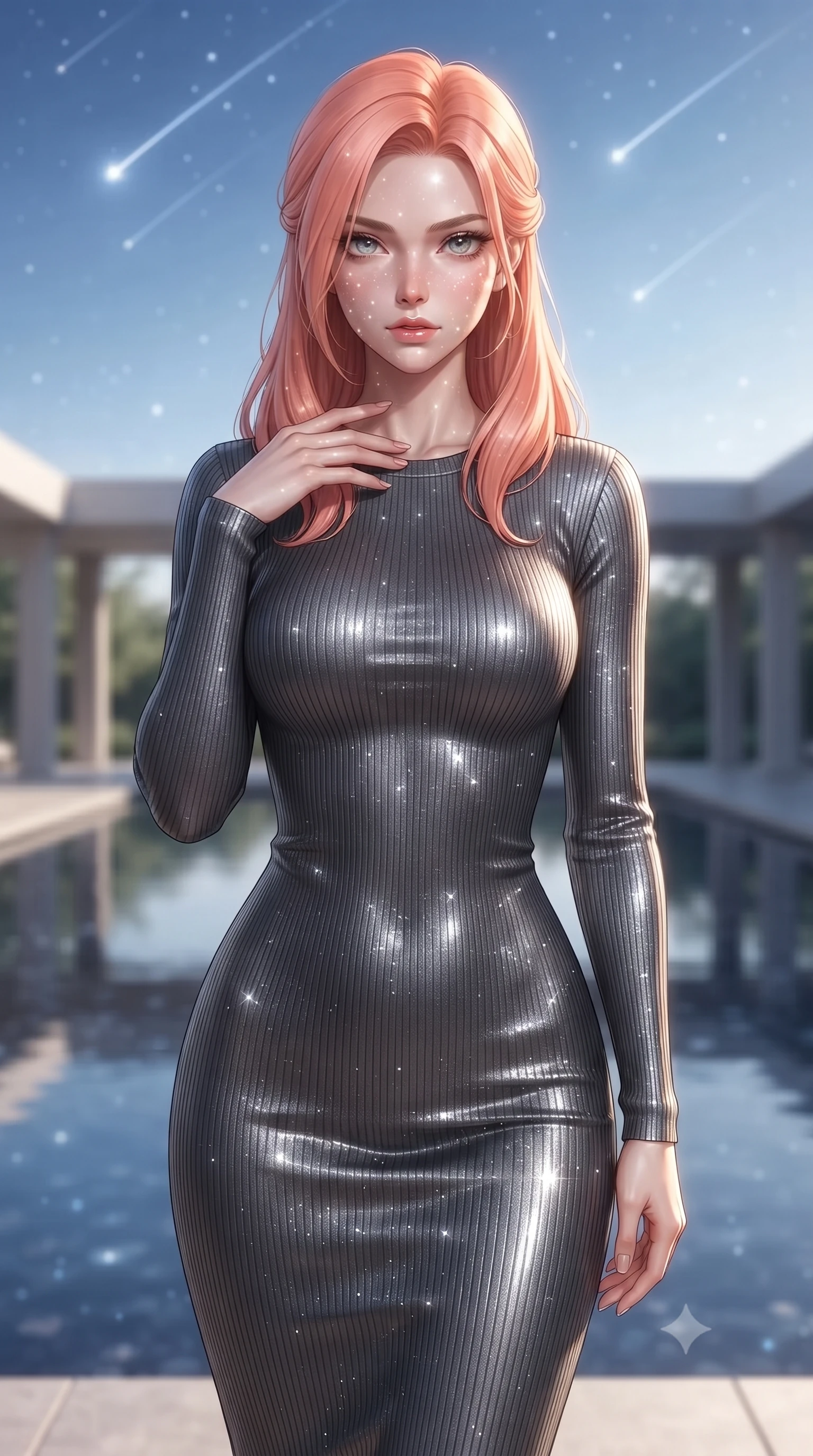 score_9, masterpiece, best quality, ultra-detailed, high-budget anime keyframe, editorial fashion photography, tasteful artistic composition, Japanese woman. close-up cowboy shot from the waist and thighs up, the character dominates the composition, filling the frame with her large presence, background elements kept in soft focus. standing with one hand resting on her collarbone, looking at the viewer with bedroom-eyes the background shows a soft-focus a serene reflection pool courtyard under a sky filled with shooting stars. She has an exceptionally elegant, slender, and willowy female figure with an ultra-slim waist, a gracefully sculpted slender torso, and a refined silhouette. sharp v-shaped jawline, high-bridge nose, intricate jewel-like eyes with depth, thick eyelashes, glossy lips with a natural sheen. wearing a body-hugging form-contouring ribbed bodycon midi dress in charcoal grey with long sleeves. shimmering starlight reflections mapping across her features from the water. ultra-reflective glossy finish, specular highlights, metallic sheen, high-contrast stereoscopic depth, volumetric dynamic lighting, 2k, ultra detail, master piece, 9:16 ratio