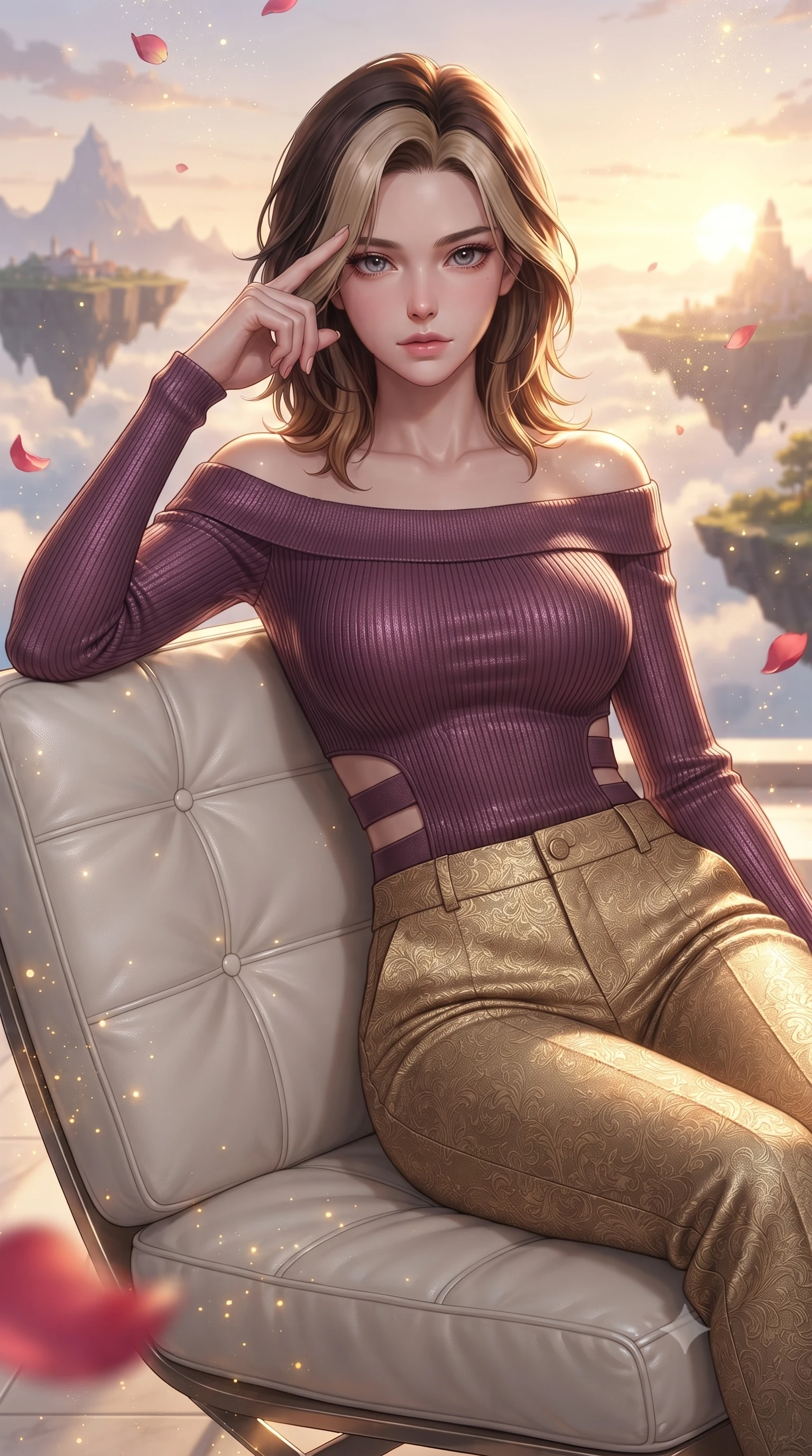 score_9, masterpiece, best quality, ultra-detailed, high-budget anime keyframe, editorial fashion photography, tasteful artistic composition, Korean woman. close-up cowboy shot from the waist and thighs up, the character dominates the composition, filling the frame with her large presence, background elements kept in soft focus. Pressing two fingers to her temple in a composed thoughtful gesture with an air of magnetic charisma resting on a luxurious white lounge chair overlooking a floating sky island, floating rose petals and golden dust motes sparkling in the air. She has an exceptionally elegant, slender, and willowy female figure with an ultra-slim waist, a gracefully sculpted slender torso, and a refined silhouette. sharp v-shaped jawline, high-bridge nose, intricate jewel-like eyes with depth, thick eyelashes, glossy lips with a natural sheen. wearing a sleek off-shoulder ribbed knit top paired with high-waist tailored pants in plum purple and gold filigree, crafted from smooth liquid silk, featuring clean architectural cutouts along her slender torso, the sleek second-skin texture accentuating her magnetic presence. illuminated by soft glowing sunset radiance with dramatic golden rim highlights. ultra-reflective glossy finish, specular highlights, metallic sheen, high-contrast stereoscopic depth, volumetric dynamic lighting, 2k, ultra detail, master piece, 9:16 ratio