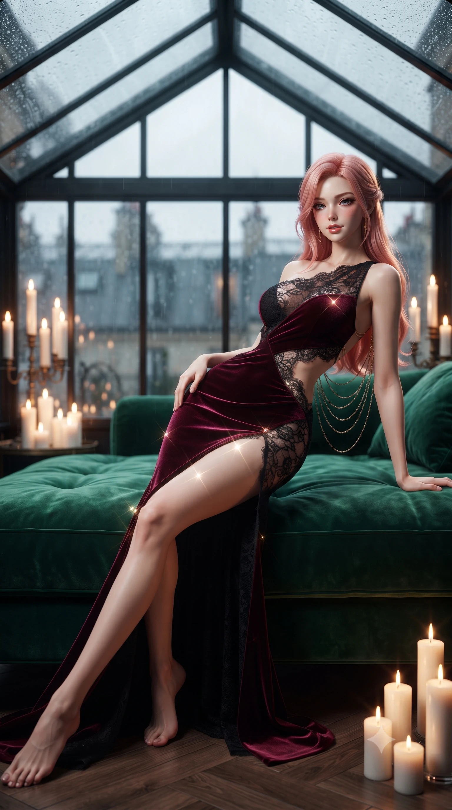 score_9, masterpiece, best quality, ultra-detailed, high-budget anime keyframe, editorial fashion photography, tasteful artistic composition, Japanese woman. low angle full-body shot from head to toe showing her feet, filling the entire 9:16 vertical frame with her statuesque presence, stretching her vertical silhouette. reclining gracefully across the plush chaise lounge with one leg extended, her sculpted silhouette and flat midriff radiating magnetic nocturnal glamour while reclining gracefully across the oversized emerald velvet daybed under the pitched glass skylight, arching her spine with effortless bohemian glamour. The background shows a soft-focus cast-iron pitched greenhouse skylights with rain streaks, antique oil paintings on easels, and Paris zinc roofs blurred into slate, emerald, and amber bokeh. She has an absolutely perfect, statuesque 8.5-heads proportion, an exceptionally tall and slender model-like female figure with impossibly long slender legs, an ultra-slim waist, a flat toned midriff, narrow delicate ribcage, and beautifully sculpted feminine hips creating a graceful, slim hourglass silhouette without any bulky heaviness. sharp v-shaped jawline, high-bridge nose, sparkling eyes with hypnotic seductive depth, thick curled eyelashes, glossy parted lips with a natural dewy peach sheen, alluring bedroom-eyes with an enchanting coquettish smile, exuding magnetic siren charisma and sophisticated glamour, flawlessly proportioned anatomical accuracy, strict slender model proportions, natural body alignment, perfectly sculpted long slender limbs, ultra-slim waistline, clean dynamic posture without body distortion. wearing an asymmetric one-shoulder liquid jersey gown with dramatic hip-high slit and sculptural waist cutout in deep bordeaux velvet and delicate black chantilly, woven from stretch metallic lurex jersey casting radiant starlight glints across her silhouette, accented with an open-back drape framed by falling strands of delicate gold chains, the liquid-tight tailored fabric clinging flawlessly to her narrow waist and rounded feminine hips, emphasizing every millimeter of her sculpted slim hourglass curves without any bulky heaviness. bathed in the flickering warmth of clusters of tall church candles mixed with cool midnight rain ambient light. ultra-reflective glossy finish, specular highlights, rich textural contrasts, high-contrast stereoscopic depth, volumetric dynamic lighting, 2k, ultra detail, master piece, 9:16 ratio