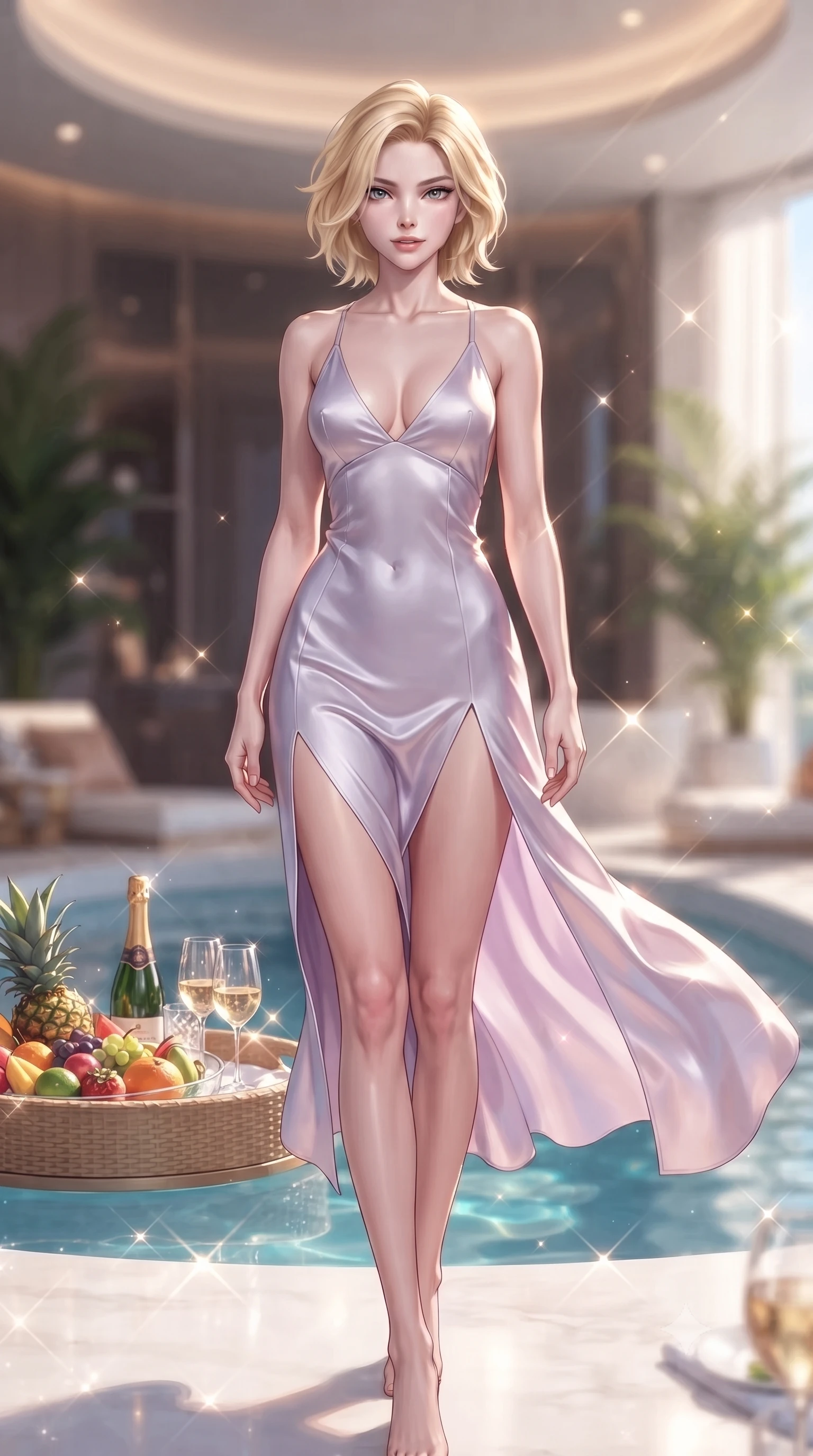 score_9, masterpiece, best quality, ultra-detailed, high-budget anime keyframe, editorial fashion photography, tasteful artistic composition, Caucasian woman. low angle full-body shot from head to toe showing her feet, filling the entire 9:16 vertical frame with her statuesque presence, stretching her vertical silhouette. twirling slowly with a sensual half-smile, letting her silky robe billow gently to reveal her elegant leg line set against a soft-focus background of inside an exclusive cocktail lounge with a floating pool tray of tropical fruits and chilled wine in soft focus. She has an absolutely perfect, statuesque 8.5-heads proportion, an exceptionally tall and slender model-like female figure with impossibly long slender legs and an ultra-slim waist. sharp v-shaped jawline, high-bridge nose, intricate jewel-like eyes with depth, thick eyelashes, glossy lips with a natural sheen. wearing tailored pale lavender liquid satin open-back silk slip dress featuring a deep V-neckline and a leg-lengthening side slit featuring refined tailored seams. lit by crisp morning sun rays creating sparkling glints on polished glass and water. highly saturated vibrant anime colors, detailed shading with soft gradients, rich glossy textures, high-contrast stereoscopic depth, volumetric dynamic lighting, master piece, 9:16 ratio
