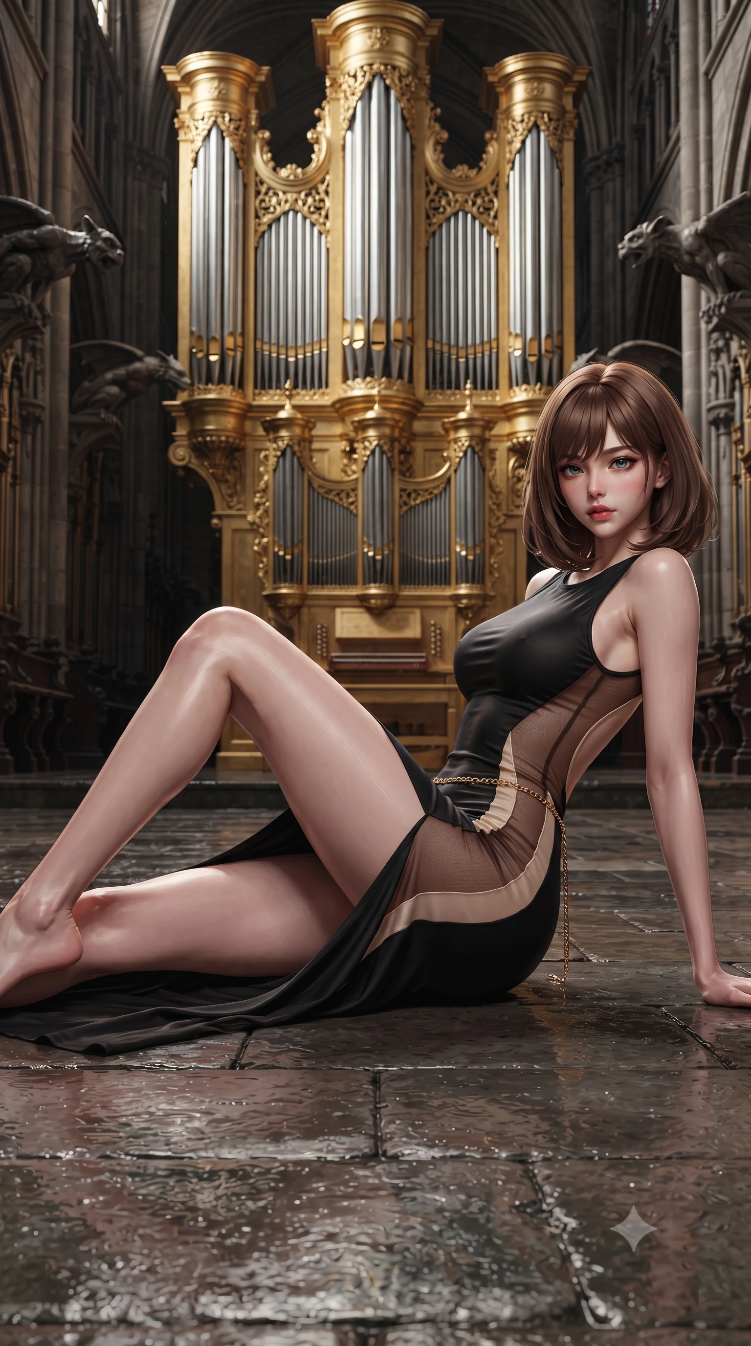 score_9, masterpiece, best quality, ultra-detailed, high-budget anime keyframe, editorial fashion photography, tasteful artistic composition, Caucasian woman. low angle full-body shot from head to toe showing her feet, filling the entire 9:16 vertical frame with her statuesque presence, stretching her vertical silhouette. reclining on her side in an elegant Cleopatra pose with one knee drawn up, the dramatic contour of her rounded hips and long slender legs commanding the 9:16 vertical frame while standing poised before a colossal gold-leaf pipe organ, twisting her slender torso in an alluring S-curve with smoldering gothic bedroom-eyes. The surrounding environment is rendered in vivid detail and crisp panoramic clarity. sharp carved gothic gargoyle textures, gilded organ pipe polish, and wet cavern flagstones in deep focus. She has an exceptionally tall and slender model-like 8.5-heads proportion, an ultra-slim waist, a flat toned midriff, narrow delicate ribcage, and beautifully sculpted feminine hips creating a graceful, slim hourglass silhouette without any bulky heaviness, with impossibly long slender legs. sharp v-shaped jawline, high-bridge nose, intricate jewel-like eyes with depth, thick eyelashes, glossy parted lips with a natural sheen, intensely captivating and seductive bedroom-eyes expression, flawlessly proportioned anatomical accuracy, strict slender model proportions, natural body alignment, perfectly sculpted long slender limbs, ultra-slim waistline, clean dynamic posture without body distortion. wearing a second-skin black silk jersey maxi dress with asymmetrical sheer mesh side panels tracing the full curve of her hip in rich equestrian cognac brown and crisp champagne cream, tailored from liquid silk jersey adhering flawlessly to her slender build, accented with a delicate gold chain belt resting loosely on her curvy hips, the precision-cut side openings and low-back scoop framing her graceful spine and the sensual sweep of her slim, toned hips. surrounded by an immortal, seductive, and dangerously mesmerizing underground opera queen aura. ultra-reflective glossy finish, specular highlights, rich textural contrasts, high-contrast stereoscopic depth, volumetric dynamic lighting, 2k, ultra detail, master piece, 9:16 ratio