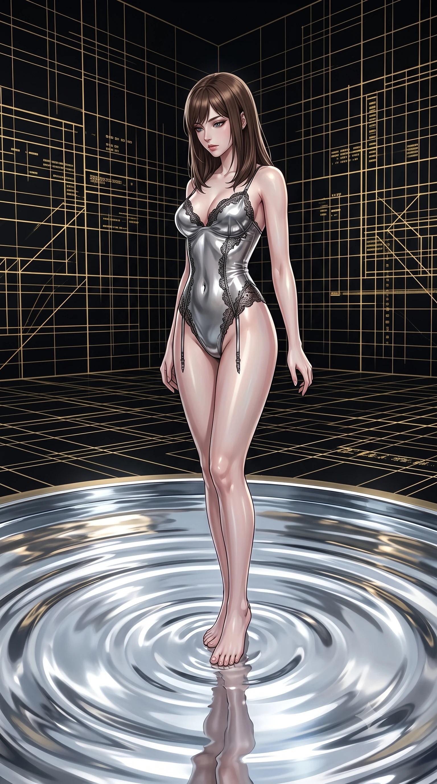 score_9, masterpiece, best quality, ultra-detailed, High-budget Anime Keyframe, East Asian woman. Low angle cowboy shot filling the entire 9:16 frame with her statuesque presence. Scenario 276: gazing at her reflection in a pool of liquid silver in a digital arena where gold gridlines project onto the black walls. Her presence is magnetic and overpowering in this high-budget anime scene. Outfit 276: a body-hugging molten liquid silk garter with a high-cut leg line and delicate lace embroidery. The clothing is designed to emphasize her exceptionally tall and slender 8-heads proportion. 8-heads proportion, towering silhouette, ultra-slim waist. sharp v-shaped jawline, intricate jewel-like eyes with depth, thick eyelashes, glossy lips. 2k, ultra detail, master piece, 9:16 ratio