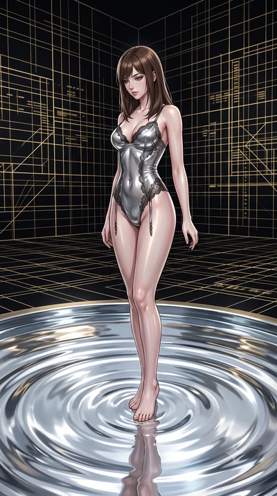score_9, masterpiece, best quality, ultra-detailed, High-budget Anime Keyframe, East Asian woman. Low angle cowboy shot filling the entire 9:16 frame with her statuesque presence. Scenario 276: gazing at her reflection in a pool of liquid silver in a