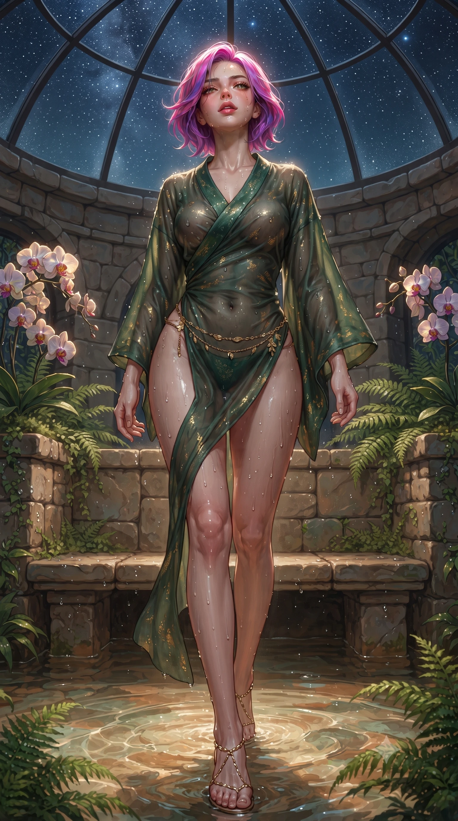 score_9, masterpiece, best quality, ultra-detailed, high-budget anime keyframe, editorial fashion photography, tasteful artistic composition, Caucasian woman. low angle full-body shot from head to toe showing her feet, filling the entire 9:16 vertical frame with her statuesque presence, stretching her vertical silhouette. striding forward in a proud supermodel runway stride, hips swaying in an alluring kinetic rhythm that accentuates her curvy hourglass silhouette while resting on a submerged stone bench as warm water laps at her waist, head tilted back toward the starry glass dome with parted lips. The surrounding environment is rendered in vivid detail and crisp panoramic clarity. detailed dew droplets on exotic orchids, wet skin water beads, and stone masonry in high clarity. She has an absolutely perfect, statuesque 8.5-heads proportion, an exceptionally tall and slender model-like female figure with impossibly long slender legs, a toned flat midriff, an ultra-slim waist, and beautifully sculpted feminine hips. sharp v-shaped jawline, high-bridge nose, intricate jewel-like eyes with depth, thick eyelashes, glossy parted lips with a natural sheen, intensely captivating and seductive bedroom-eyes expression, flawlessly proportioned anatomical accuracy, strict slender model proportions, natural body alignment, perfectly sculpted long slender limbs, ultra-slim waistline, clean dynamic posture without body distortion. wearing a delicate semi-translucent silk yukata that clings to her wet skin and curvy hip contours in deep moss green and shimmering gold foil, made of flexible second-skin stretch neoprene with specular wet sheen, accented with a delicate gold leaf chain belt resting loosely on her curvy hips, the second-skin form-contouring cut accentuating her sculpted flat midriff, narrow waistline, and dramatically curvy hips without adding bulk. illuminated by wet specular highlights accentuating her slender neckline, sculpted waist, and rounded hips. ultra-reflective glossy finish, specular highlights, rich textural contrasts, high-contrast stereoscopic depth, volumetric dynamic lighting, 2k, ultra detail, master piece, 9:16 ratio