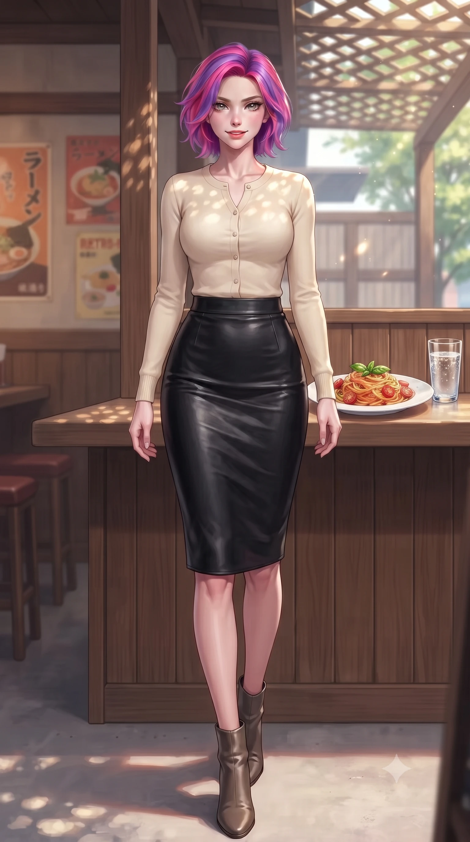 score_9, masterpiece, best quality, ultra-detailed, high-budget anime keyframe, editorial fashion photography, tasteful artistic composition, Caucasian woman. low angle full-body shot from head to toe showing her feet, filling the entire 9:16 vertical frame with her statuesque presence, stretching her vertical silhouette. stepping forward with an alluring, magnetic smile, her graceful posture highlighting her statuesque silhouette set against a soft-focus background of in a charming wooden-themed ramen shop with retro posters and a counter with a plate of delicious pasta and a glass of sparkling water on the table. She has an absolutely perfect, statuesque 8.5-heads proportion, an exceptionally tall and slender model-like female figure with impossibly long slender legs and an ultra-slim waist. sharp v-shaped jawline, high-bridge nose, intricate jewel-like eyes with depth, thick eyelashes, glossy lips with a natural sheen. wearing body-hugging tight-fitting cashmere cardigan closed, paired with a sleek leather midi skirt. dappled sunlight filtering through the outdoor trellis onto her shoulders. highly saturated vibrant anime colors, detailed shading with soft gradients, rich glossy textures, high-contrast stereoscopic depth, volumetric dynamic lighting, master piece, 9:16 ratio