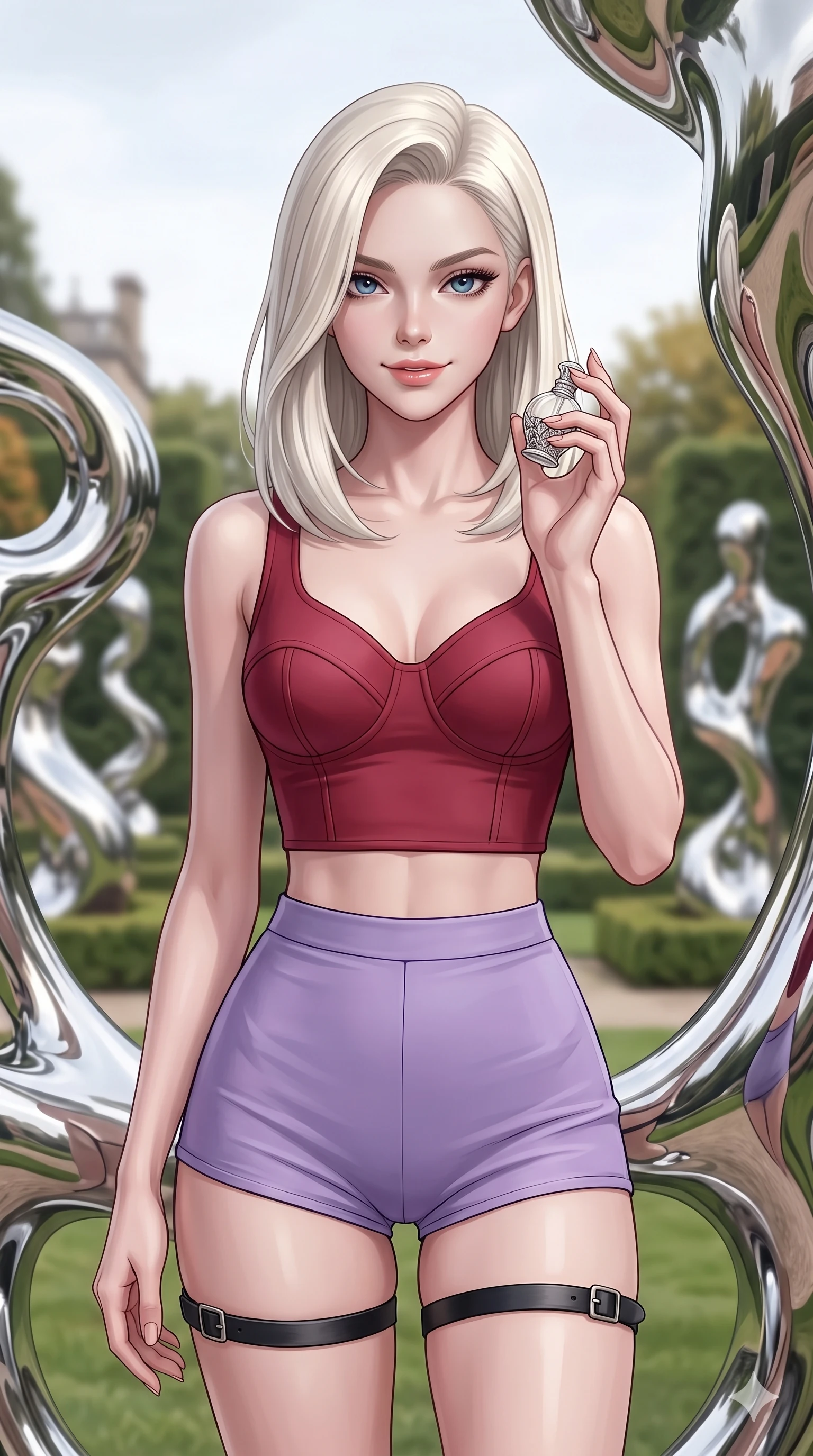 score_9, masterpiece, best quality, ultra-detailed, high-budget anime keyframe, editorial fashion photography, tasteful artistic composition, Caucasian woman, strictly human ears. close-up cowboy shot from the waist and thighs up, the character dominates the composition, filling the frame with her large presence, background elements kept in soft focus. Holding a delicate object up near her face while gazing at the viewer with a knowing smile. set against a soft-focus background of a manicured garden filled with abstract sculptures made of living liquid chrome that constantly shift and reshape themselves reflecting and distorting the surrounding landscape in mercurial curves. She has an exceptionally elegant and slender, willowy female figure with an ultra-slim waist, a gracefully sculpted slender torso, and a refined slim physique. sharp v-shaped jawline, high-bridge nose, intricate jewel-like eyes with depth, thick eyelashes, glossy lips with a natural sheen. wearing a matte crimson crop top with sculpted cups, paired with matching high-waist lavender micro shorts and black leather thigh straps. bright overcast sky providing even soft light that creates perfect mirror reflections on the chrome surfaces with subtle warm undertones from the garden greenery. 2k, ultra detail, master piece, 9:16 ratio