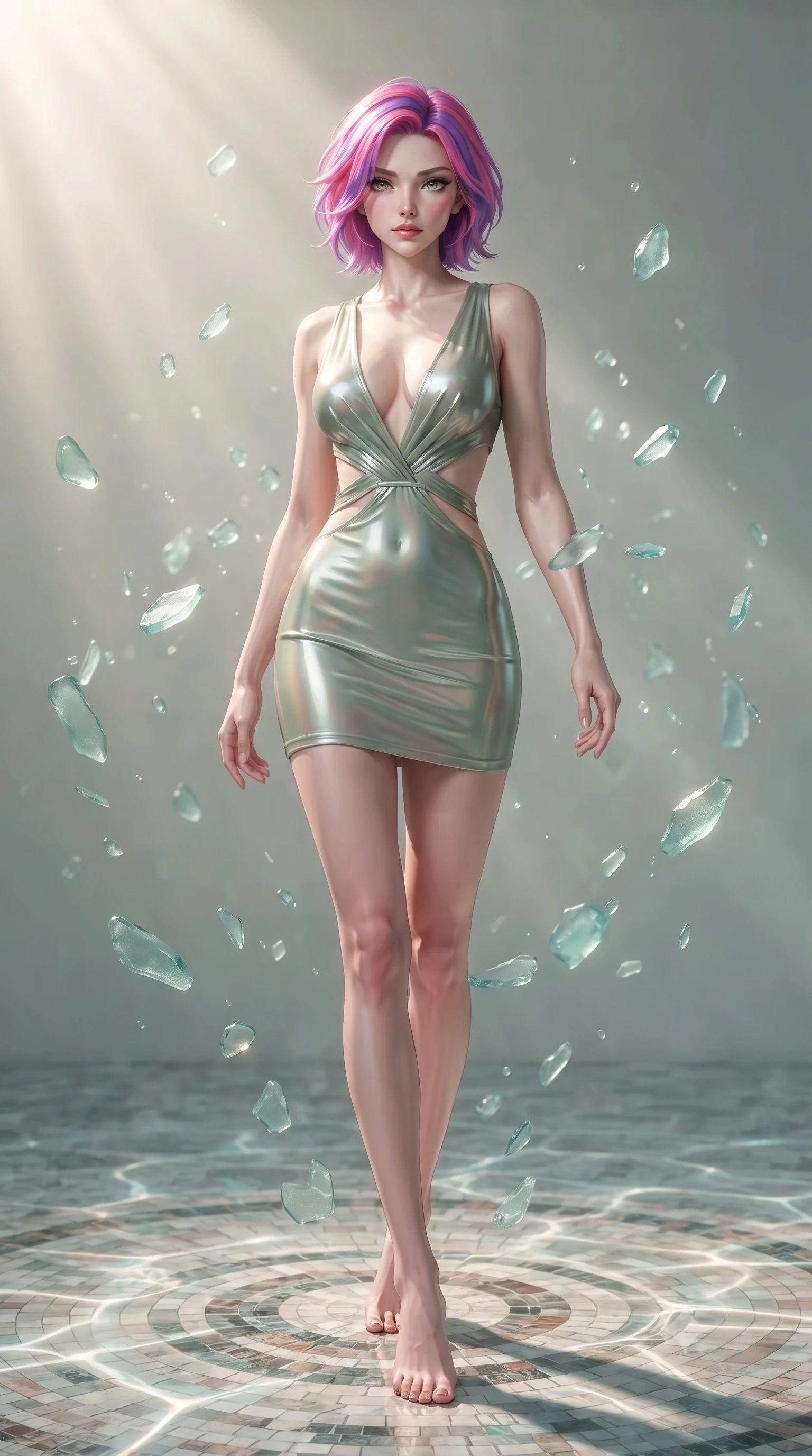 score_9, masterpiece, best quality, ultra-detailed, high-budget anime keyframe, editorial fashion photography, tasteful artistic composition, Caucasian woman. low angle full-body shot from head to toe showing her feet, filling the entire 9:16 vertical frame with her statuesque presence, stretching her vertical silhouette. interacting gracefully with the magical floating elements while maintaining a confident posture gliding over a mosaic marble floor illuminated by caustic water ripples, translucent sea glass fragments drifting gracefully around her. She has an absolutely perfect, statuesque 8.5-heads proportion, an exceptionally tall and slender model-like female figure with impossibly long slender legs and an ultra-slim waist. sharp v-shaped jawline, high-bridge nose, intricate jewel-like eyes with depth, thick eyelashes, glossy lips with a natural sheen. wearing a liquid mercury gloss mini dress with ultra-deep V-neck and waist cutouts in sage green and oatmeal, crafted from iridescent chiffon that shifts colors in the light, featuring clean architectural cutouts along her slender torso, the sleek second-skin texture accentuating her magnetic presence. lit by clear sun-drenched sea light with soft ethereal shadows. ultra-reflective glossy finish, specular highlights, metallic sheen, high-contrast stereoscopic depth, volumetric dynamic lighting, 2k, ultra detail, master piece, 9:16 ratio
