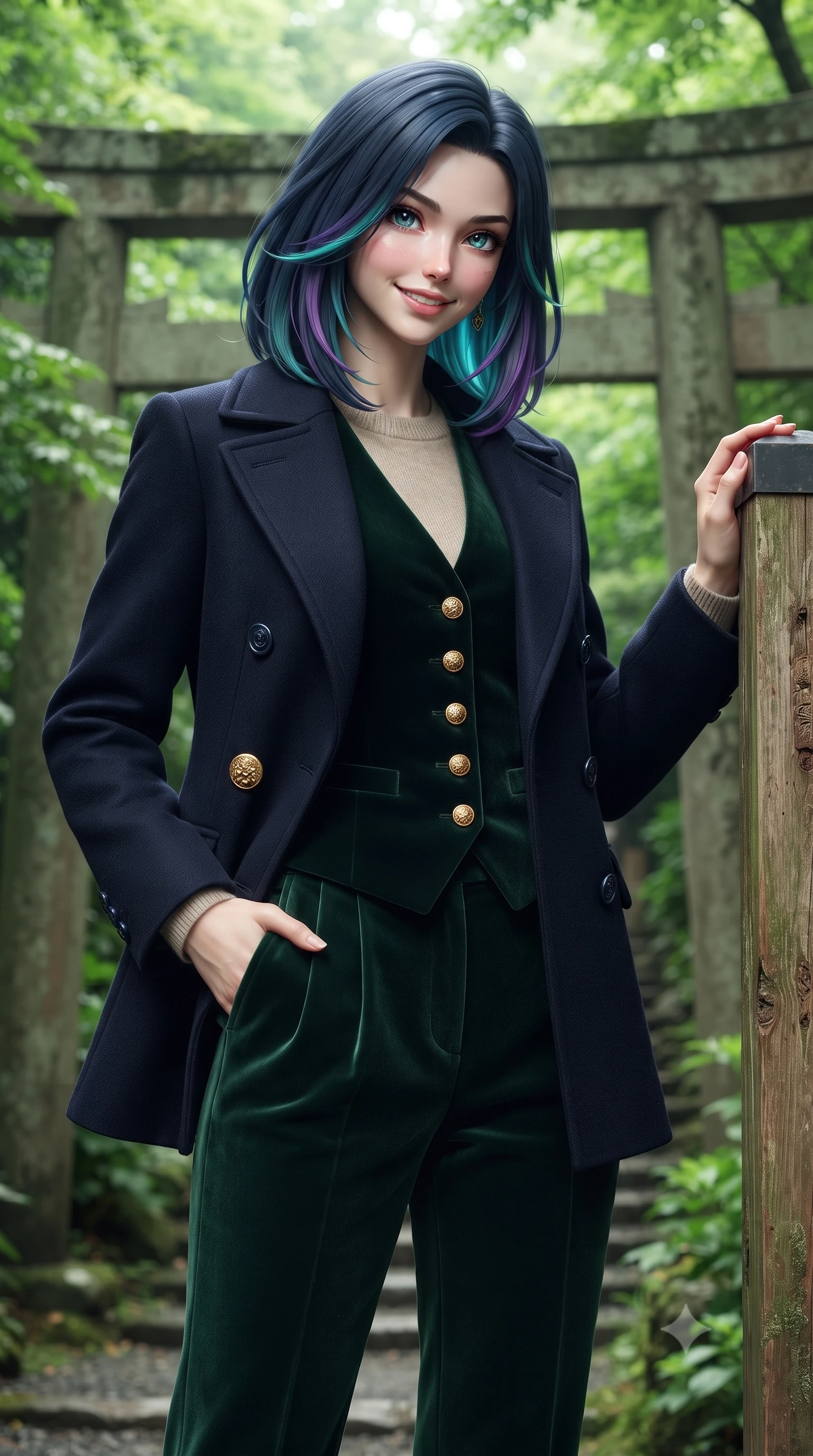 score_9, masterpiece, best quality, ultra-detailed, high-budget anime keyframe, editorial fashion photography, tasteful artistic composition, Caucasian woman. close-up cowboy shot from the waist and thighs up, the character dominates the composition, filling the frame with her large presence. standing poised with one hand slipped into her tailored trouser pocket, head tilted in a friendly, engaging expression while pausing beside a weathered wooden torii gate entrance, one hand resting on the cedar post with timeless Kyoto charm. The surrounding environment is rendered in vivid detail and crisp panoramic clarity: detailed stand-collar wool jacket tailoring, minimalist button placket, and historic Kyoto trail craft in high resolution. She has an exceptionally elegant, slender, and willowy female figure with an ultra-slim waist, flat toned midriff, narrow ribcage, and sculpted feminine hips creating an alluring, slim hourglass silhouette without bulk. sharp v-shaped jawline, high-bridge nose, intricate jewel-like sparkling eyes with depth, thick eyelashes, glossy parted lips with a natural peach sheen, bright cheerful beaming smile with an enchanting and coquettish sensual glint, exuding both youthful cute charm and seductive allure, flawlessly proportioned anatomical accuracy, strict slender model proportions, natural body alignment, perfectly sculpted long slender limbs, ultra-slim waistline, clean dynamic posture without body distortion. wearing a navy tailored wool peacoat with anchor buttons layered over a soft merino wool sweater and pressed pleated slacks in heritage British racing green and warm cognac brown, crafted from rich cotton velvet with deep light-absorbing pile and soft gradients, accented with an ornate 24k gold lion-embossed crest button along the front closure, the bespoke architectural tailoring hugging her natural waistline with sartorial precision, creating a clean graceful hourglass silhouette with tall model elegance. illuminated by soft green foliage bounce and crisp jade-gold rim lights sculpting her razor-sharp jawline and tall willowy frame. ultra-reflective glossy finish, specular highlights, rich textural contrasts, high-contrast stereoscopic depth, volumetric dynamic lighting, 2k, ultra detail, master piece, 9:16 ratio