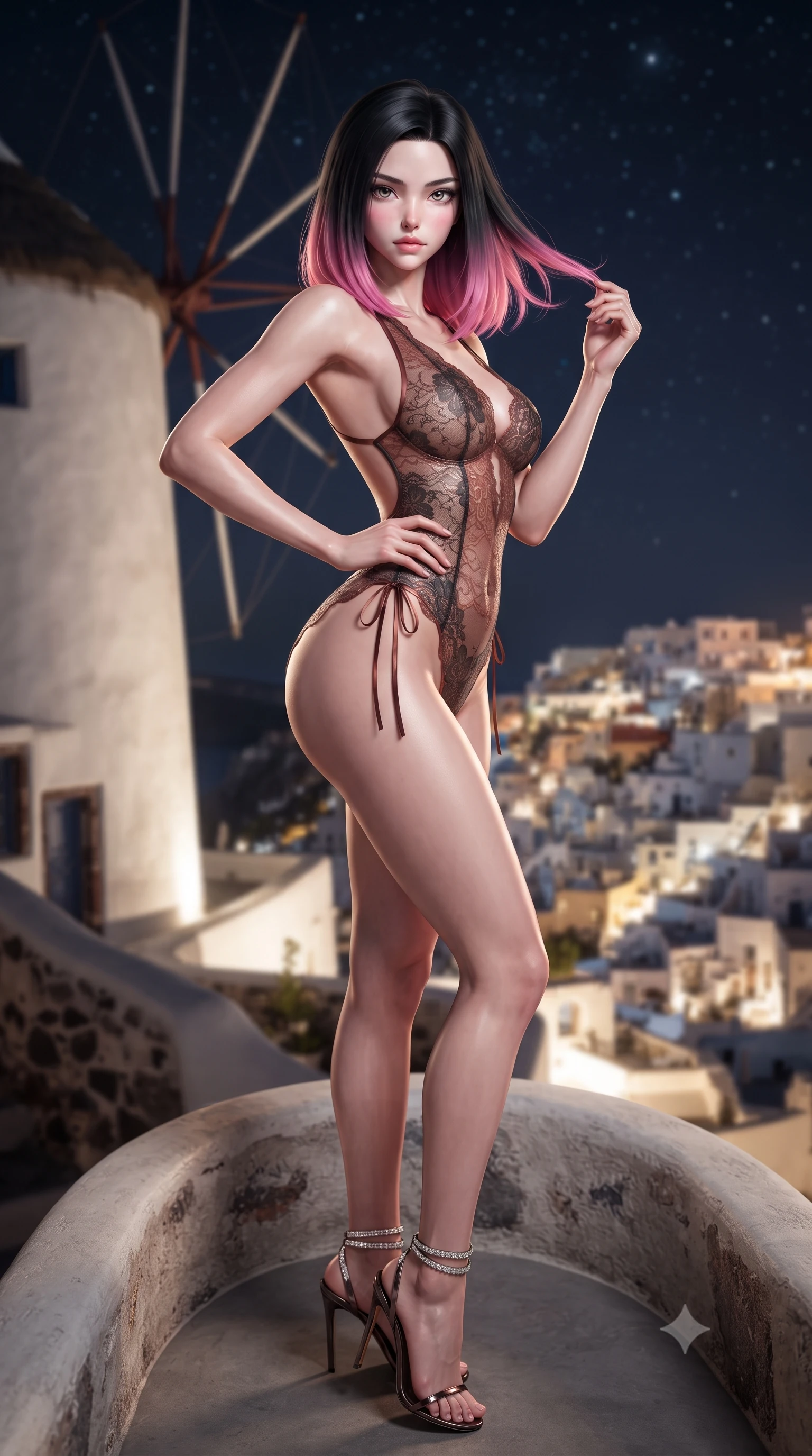score_9, masterpiece, best quality, ultra-detailed, high-budget anime keyframe, editorial fashion photography, tasteful artistic composition, Korean woman. close-up cowboy shot from the waist and thighs up, the character dominates the composition, filling the frame with her large presence. twisting her slender torso in an alluring contrapposto stance, one hand resting on her sculpted hip while her fingers toy with her hair with effortless poise while standing poised on the semicircular stone balcony of the historic whitewashed windmill, arching her lower back with sovereign supermodel allure overlooking the glowing village. The background shows a soft-focus iconic whitewashed windmill sails against the starry sky, cascading village of Oia illuminated like a field of fallen stars, and moonlit caldera blurred into champagne, cyan, and obsidian bokeh. She has an exceptionally elegant, slender, and willowy female figure with an ultra-slim waist, flat toned midriff, narrow ribcage, and sculpted feminine hips creating an alluring, slim hourglass silhouette without bulk. sharp v-shaped jawline, high-bridge nose, intricate jewel-like sparkling eyes with depth, thick eyelashes, glossy parted lips with a natural peach sheen, bright cheerful beaming smile with an enchanting and coquettish sensual glint, exuding both youthful cute charm and seductive allure, flawlessly proportioned anatomical accuracy, strict slender model proportions, natural body alignment, perfectly sculpted long slender limbs, ultra-slim waistline, clean dynamic posture without body distortion. wearing an alluring semi-sheer botanical lace teddy with open back and delicate satin ties along the hips in Tribeca warm copper rose and espresso charcoal, woven from buttery-soft stretch lambskin leather adhering to her body like a second skin, complemented by strappy stiletto sandals with crystal ankle wraps accentuating her slender calves, the second-skin tailored fabric adhering flawlessly to her sculpted flat midriff and slender torso, emphasizing her long leg lines and perfectly proportioned willowy build. illuminated by whitewashed wall reflection bounce and sharp champagne-gold rim lights sculpting her dewy collarbones, ultra-slim waist, and curvy hips. ultra-reflective glossy finish, specular highlights, rich textural contrasts, high-contrast stereoscopic depth, volumetric dynamic lighting, 2k, ultra detail, master piece, 9:16 ratio