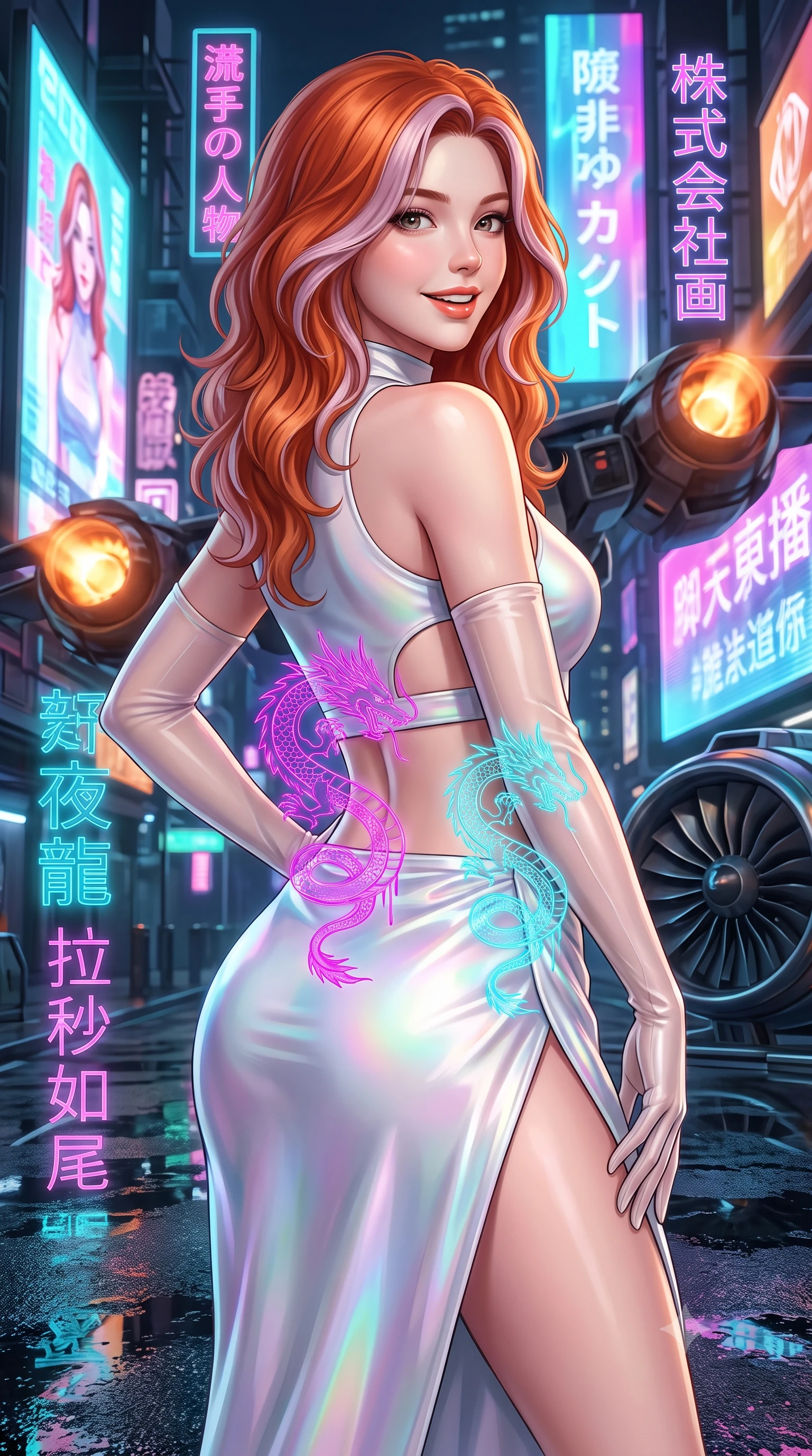score_9, masterpiece, best quality, ultra-detailed, high-budget anime keyframe, semi-realistic 3D game render, editorial fashion photography, tasteful artistic composition, Caucasian woman. close-up cowboy shot from the waist and thighs up, the character dominates the composition, filling the frame with her large presence. posing in an alluring rear three-quarter angle, looking over a bare shoulder with parted glossy lips, her hips cocked back to highlight her slim hourglass curve while twisting her slender torso in an alluring contrapposto stance, dripping holographic dragon signs painting electric magenta and cyan across her narrow waist and hips. The surrounding environment is rendered in vivid detail and crisp panoramic clarity: sharp wet carbon floor reflections, intricate holographic Japanese and Chinese calligraphy, and razor-sharp VTOL turbine blade textures in deep focus. She has an exceptionally elegant, slender, and willowy female figure with an ultra-slim waist, flat toned midriff, narrow ribcage, and sculpted feminine hips creating an alluring, slim hourglass silhouette without bulk. sharp v-shaped jawline, high-bridge nose, intricate jewel-like sparkling eyes with depth, thick eyelashes, glossy parted lips with a natural peach sheen, bright cheerful beaming smile with an enchanting and coquettish sensual glint, exuding both youthful cute charm and seductive allure, flawlessly proportioned anatomical accuracy, strict slender model proportions, natural body alignment, perfectly sculpted long slender limbs, ultra-slim waistline, clean dynamic posture without body distortion. wearing an alluring tactical crop top with asymmetrical side-rib cutouts and high-neck collar paired with a high-slit wrap skirt in holographic prismatic pearl and aerospace white, crafted from fluid liquid silk satin that clings smoothly to her narrow waist and rounded hips with a dewy sheen, complemented by sheer opera-length evening gloves tracing her slender arms, the impeccably tailored cut draping gracefully along her slender figure with aristocratic poise. bathed in the multi-hued ambient neon glow of towering holographic billboards mixed with warm orange VTOL engine exhausts. highly saturated vibrant anime colors, detailed shading with soft gradients, rich glossy textures, high-contrast stereoscopic depth, volumetric dynamic lighting, master piece, 9:16 ratio