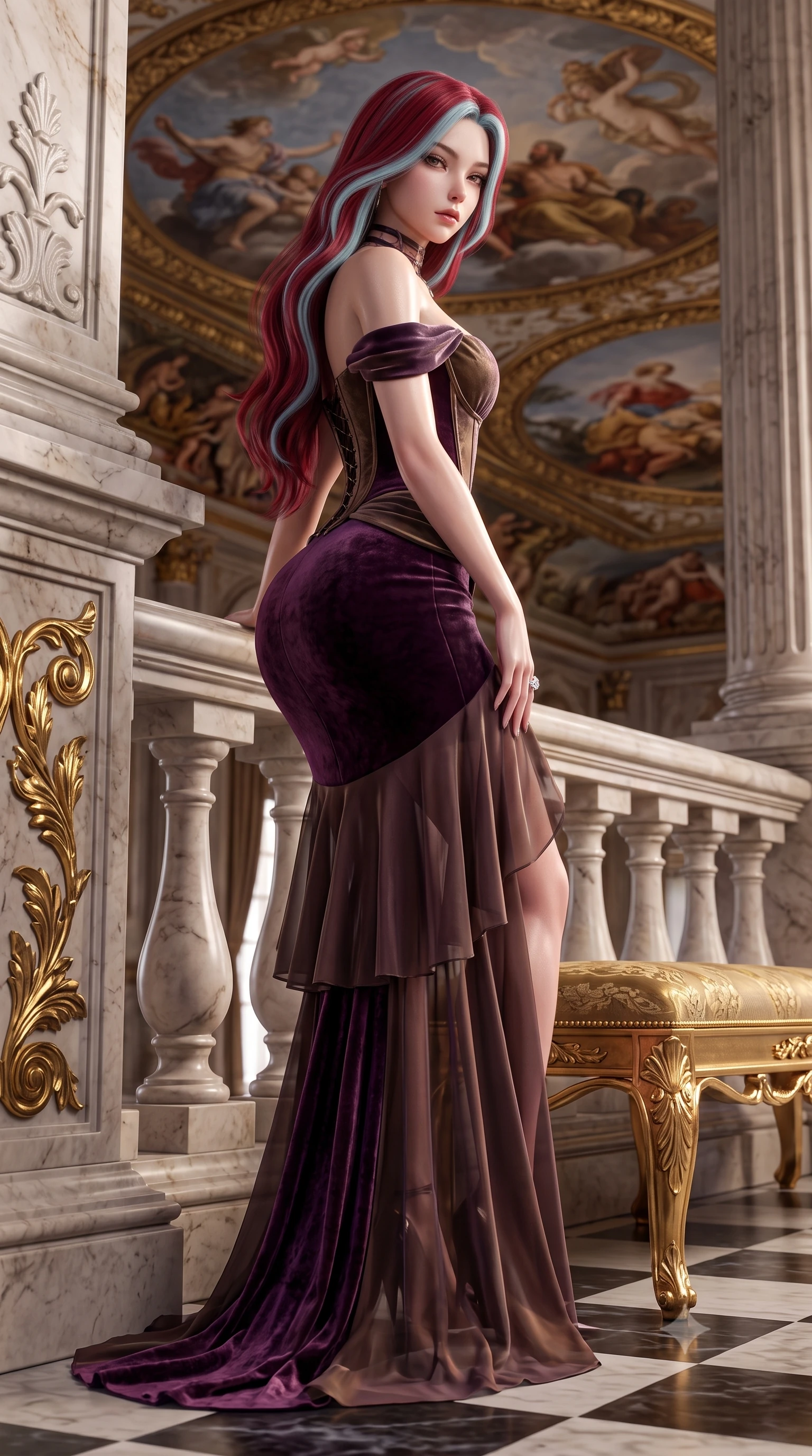 score_9, masterpiece, best quality, ultra-detailed, high-budget anime keyframe, semi-realistic 3D game render, editorial fashion photography, tasteful artistic composition, Caucasian woman. low angle full-body shot from head to toe showing her feet, filling the entire 9:16 vertical frame with her statuesque presence, stretching her vertical silhouette. leaning deep against the structural architecture with hips cocked in an unapologetically bold, seductive high-fashion stance while perching on an ornate gilded bench beneath classical ceiling frescoes, looking back over her shoulder with royal sovereign allure. The surrounding environment is rendered in vivid detail and crisp panoramic clarity. sharp carved marble baluster contours, gilded leaf scrollwork, and polished checkerboard floor in deep focus. She has an exceptionally tall and slender model-like 8.5-heads proportion, an ultra-slim waist, a flat toned midriff, narrow delicate ribcage, and beautifully sculpted feminine hips creating a graceful, slim hourglass silhouette without any bulky heaviness, with impossibly long slender legs. sharp v-shaped jawline, high-bridge nose, intricate jewel-like eyes with depth, thick eyelashes, glossy parted lips with a natural sheen, intensely captivating and seductive bedroom-eyes expression, flawlessly proportioned anatomical accuracy, strict slender model proportions, natural body alignment, perfectly sculpted long slender limbs, ultra-slim waistline, clean dynamic posture without body distortion. wearing an off-shoulder French court corset bodice dress paired with a tiered translucent chiffon slit skirt in deep plum violet and antique bronze, crafted from heavyweight crushed silk velvet with liquid vintage luster, complemented by a bold geometric choker and sparkling cocktail ring, the glove-like aerodynamic silhouette tightly following the natural contour of her hips and long slender legs with statuesque 8.5-heads elegance. illuminated by crisp specular highlights defining her bare clavicle, ultra-slim waist, and curvy hips. highly saturated vibrant anime colors, detailed shading with soft gradients, rich glossy textures, high-contrast stereoscopic depth, volumetric dynamic lighting, master piece, 9:16 ratio