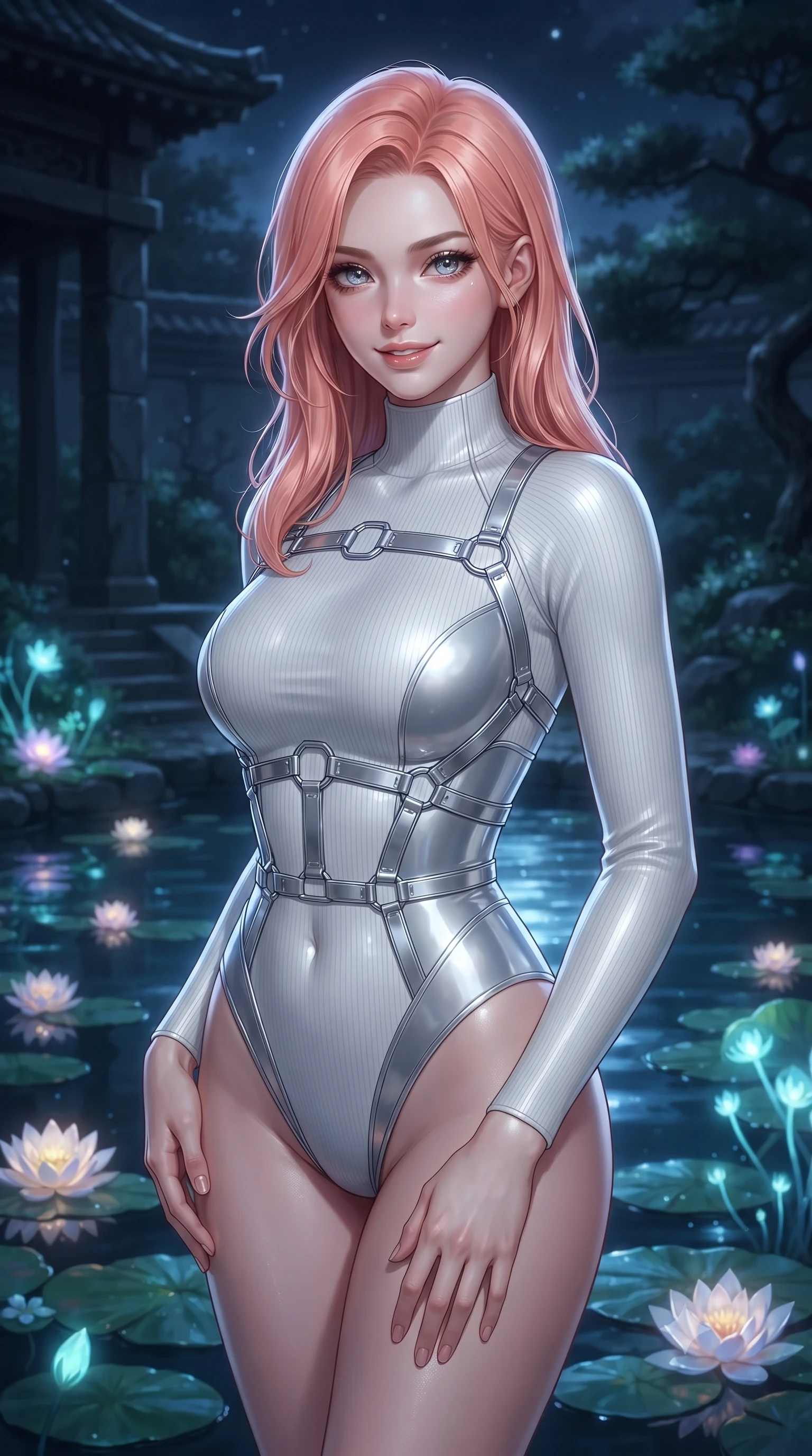 score_9, masterpiece, best quality, ultra-detailed, high-budget anime keyframe, editorial fashion photography, tasteful artistic composition, Japanese woman. close-up cowboy shot from the waist and thighs up, the character dominates the composition, filling the frame with her large presence, background elements kept in soft focus. Smiling with quiet, magnetic self-assurance directly into the camera, poised beside a tranquil lily pond reflecting cold silver moonlight and glowing flowers, dark stone architecture and shadowy garden trees in soft background focus. She has an exceptionally elegant, slender, and willowy female figure with an ultra-slim waist, a gracefully sculpted slender torso, and a refined silhouette. sharp v-shaped jawline, high-bridge nose, intricate jewel-like eyes with depth, thick eyelashes, glossy lips with a natural sheen. wearing sleek high-neck ribbed activewear bodysuit in pearl white in pastel lavender violet, made of sculpted platinum chrome, highlighted by a platinum metallic harness structure, the fitted fabric emphasizing her ultra-slim waist. surrounded by a mysterious nocturnal aura with glowing flower light. ultra-reflective glossy finish, specular highlights, metallic sheen, high-contrast stereoscopic depth, volumetric dynamic lighting, 2k, ultra detail, master piece, 9:16 ratio