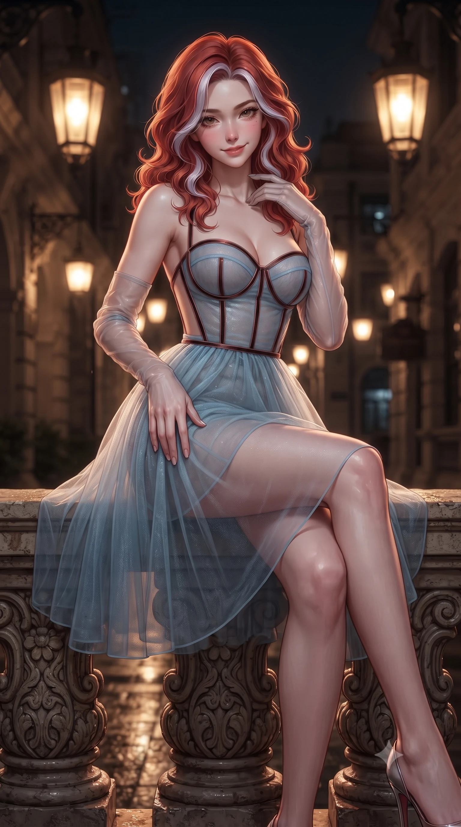 score_9, masterpiece, best quality, ultra-detailed, high-budget anime keyframe, editorial fashion photography, tasteful artistic composition, Caucasian woman. close-up cowboy shot from the waist and thighs up, the character dominates the composition, filling the frame with her large presence. tilting her head with a teasing half-smile, running one hand slowly down the side of her hip in a flirtatious S-curve as ambient light caresses her silhouette while sitting perched on the carved garden balustrade with legs crossed, running one manicured hand slowly down her neck with a teasing sensual half-smile. The background shows a soft-focus hanging brass gas lanterns softened in romantic colonial Shanghai nocturnal romance shallow focus. She has an exceptionally elegant, slender, and willowy female figure with an ultra-slim waist, flat toned midriff, narrow ribcage, and sculpted feminine hips creating an alluring, slim hourglass silhouette without bulk. sharp v-shaped jawline, high-bridge nose, intricate jewel-like sparkling eyes with depth, thick eyelashes, glossy parted lips with a natural peach sheen, bright cheerful beaming smile with an enchanting and coquettish sensual glint, exuding both youthful cute charm and seductive allure, flawlessly proportioned anatomical accuracy, strict slender model proportions, natural body alignment, perfectly sculpted long slender limbs, ultra-slim waistline, clean dynamic posture without body distortion. wearing a provocative semi-sheer icy blue tulle cocktail dress with velvet ribbon piping contouring her narrow waist and hips in sultry copper rose and deep shadow charcoal, woven from buttery-soft stretch lambskin leather adhering to her body like a second skin, complemented by sheer opera-length evening gloves tracing her slender arms, the precision-cut side openings and low-back scoop framing her graceful spine and the sensual sweep of her slim, toned hips. illuminated by wet paver reflection bounce and sharp copper-gold rim lights defining her dewy collarbones, ultra-slim waist, and curvy hips. ultra-reflective glossy finish, specular highlights, rich textural contrasts, high-contrast stereoscopic depth, volumetric dynamic lighting, 2k, ultra detail, master piece, 9:16 ratio