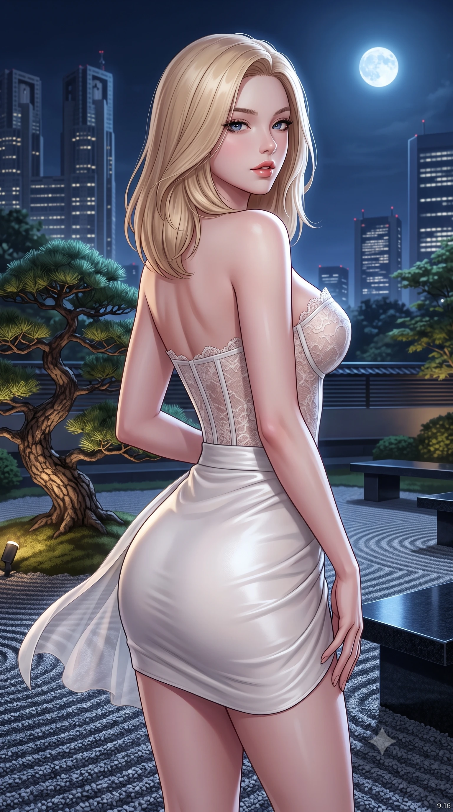 score_9, masterpiece, best quality, ultra-detailed, high-budget anime keyframe, semi-realistic 3D game render, editorial fashion photography, tasteful artistic composition, Korean woman. close-up cowboy shot from the waist and thighs up, the character dominates the composition, filling the frame with her large presence. posing in an alluring rear three-quarter angle, looking over a bare shoulder with parted glossy lips, her hips cocked back to highlight her slim hourglass curve while twisting her slender torso in an alluring S-curve, gentle night breezes fluttering her silk dress as Shinjuku skyscraper towers loom behind. The surrounding environment is rendered in vivid detail and crisp panoramic clarity: sharp raked gravel furrows, gnarled pine bark textures, and polished black granite bench surfaces in deep focus. She has an exceptionally elegant, slender, and willowy female figure with an ultra-slim waist, flat toned midriff, narrow ribcage, and sculpted feminine hips creating an alluring, slim hourglass silhouette without bulk. sharp v-shaped jawline, high-bridge nose, sparkling eyes with hypnotic seductive depth, thick curled eyelashes, glossy parted lips with a natural dewy peach sheen, alluring bedroom-eyes with an enchanting coquettish smile, exuding magnetic siren charisma and sophisticated glamour, flawlessly proportioned anatomical accuracy, strict slender model proportions, natural body alignment, perfectly sculpted long slender limbs, ultra-slim waistline, clean dynamic posture without body distortion. wearing a sculpted underwire demi-bustier in semi-sheer lace paired with an ultra-short draped tulip skirt in pure pearl alabaster with platinum sheen, woven from buttery-soft stretch lambskin leather adhering to her body like a second skin, finished with scalloped eyelash lace trim framing her sweetheart neckline with intimate elegance, the second-skin tailored fabric adhering flawlessly to her sculpted flat midriff and slender torso, emphasizing her long leg lines and perfectly proportioned willowy build. bathed in soft 2800K low-voltage garden ground spotlights highlighting the bonsai pine mixed with full moon sky glow. highly saturated vibrant anime colors, detailed shading with soft gradients, rich glossy textures, high-contrast stereoscopic depth, volumetric dynamic lighting, master piece, 9:16 ratio