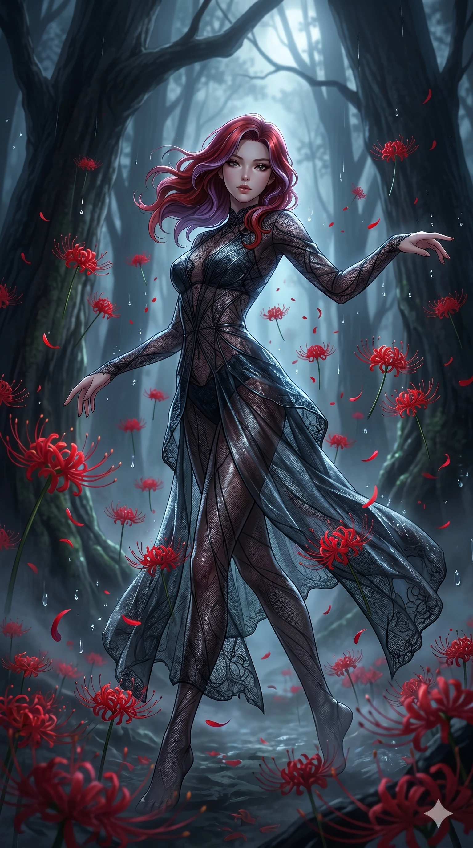 score_9, masterpiece, best quality, ultra-detailed, High-budget Anime Keyframe, East Asian woman. Low angle cowboy shot filling the entire 9:16 frame with her statuesque presence. Scenario 165: Dancing amidst falling red spider lilies in a misty dark forest. Her presence is magnetic and overpowering in this high-budget anime scene. Outfit 165: A delicate technical lace designed with a artistic translucent overlays and wet-look texture. The clothing is designed to emphasize her exceptionally tall and slender 8-heads proportion. 8-heads proportion, towering silhouette, ultra-slim waist. sharp v-shaped jawline, intricate jewel-like eyes with depth, thick eyelashes, glossy lips. 2k, ultra detail, master piece, 9:16 ratio