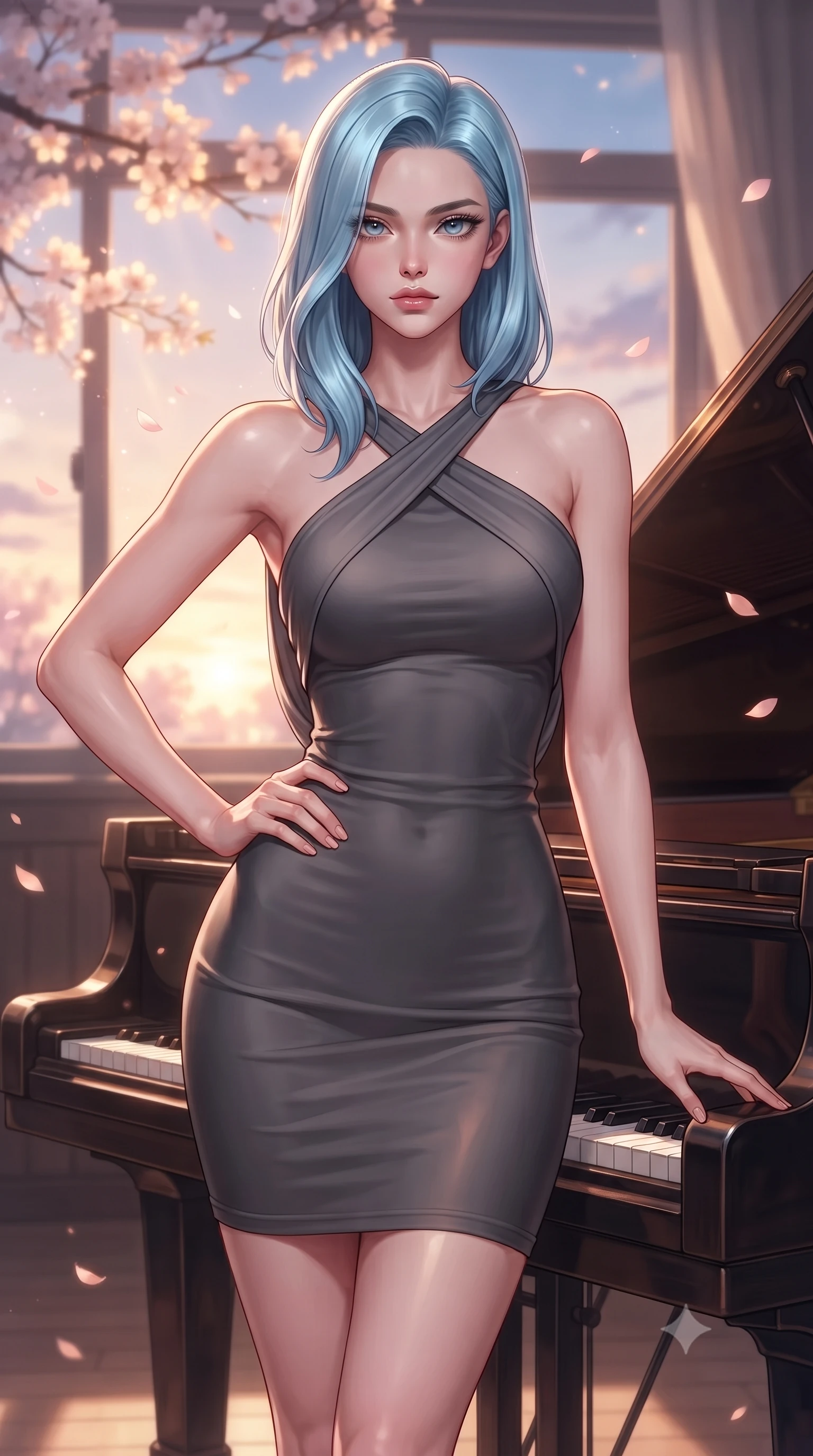 score_9, masterpiece, best quality, ultra-detailed, high-budget anime keyframe, editorial fashion photography, tasteful artistic composition, Korean woman. close-up cowboy shot from the waist and thighs up, the character dominates the composition, filling the frame with her large presence, background elements kept in soft focus. Holding a confident power pose with one hand on her hip, gazing directly into the camera with quiet intensity poised beside an antique grand piano in an empty music classroom at dusk, fluttering cherry blossom petals catching warm golden sunset highlights. She has an exceptionally elegant, slender, and willowy female figure with an ultra-slim waist, a gracefully sculpted slender torso, and a refined silhouette. sharp v-shaped jawline, high-bridge nose, intricate jewel-like eyes with depth, thick eyelashes, glossy lips with a natural sheen. wearing a precision-fitted liquid jersey bodycon dress with a draped back in charcoal grey and platinum, woven from fine semi-opaque sheer organza, complemented by criss-cross back straps highlighting her bare shoulders, the glove-like fit emphasizing her statuesque silhouette. illuminated by soft glowing evening sunbeams filtering through sakura branches. highly saturated vibrant anime colors, detailed shading with soft gradients, rich glossy textures, high-contrast stereoscopic depth, volumetric dynamic lighting, master piece, 9:16 ratio