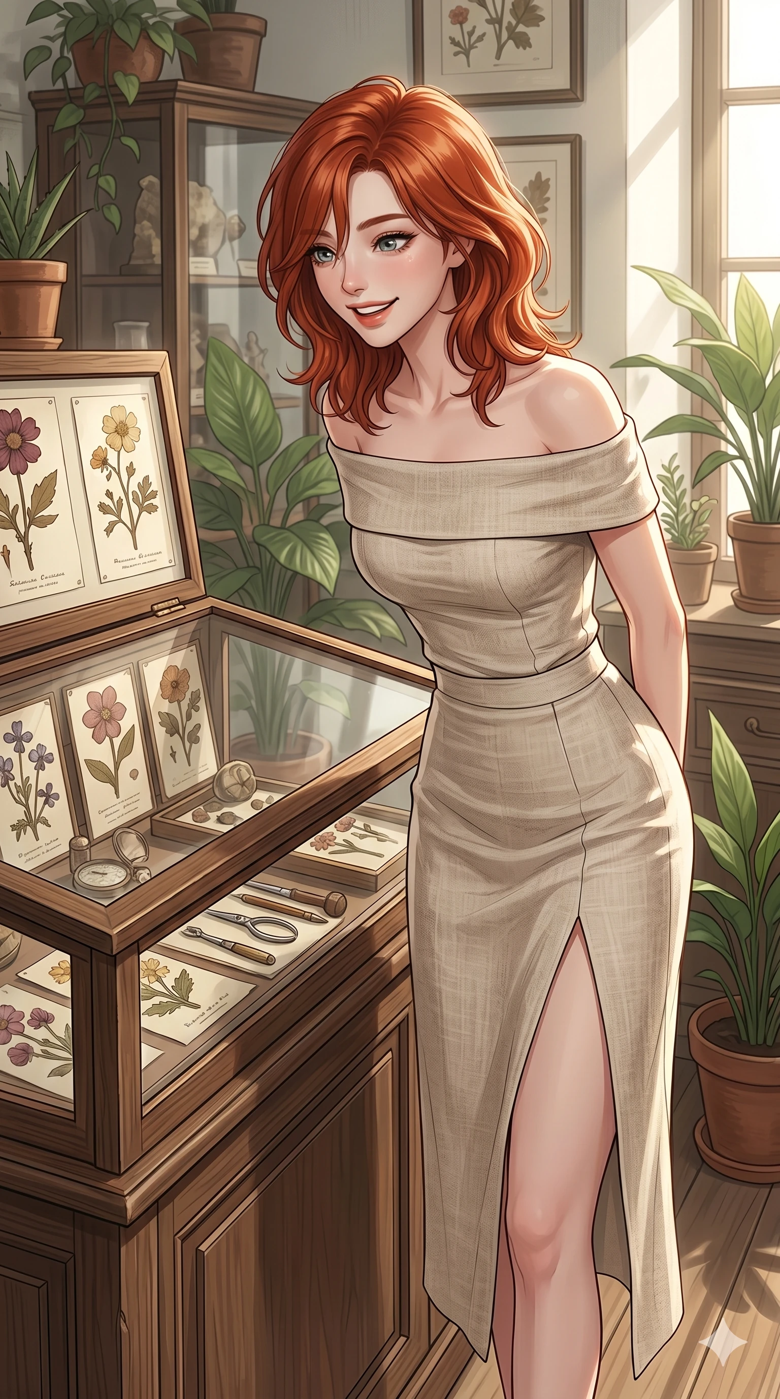 score_9, masterpiece, best quality, ultra-detailed, high-budget anime keyframe, editorial fashion photography, tasteful artistic composition, Korean woman. cowboy shot from the thighs up, character and outfit filling the frame for maximum editorial presence. examining a glass case with a bright, curious smile and cheerful eyes inside a sunlit botanical museum corner with old display cases. She has an absolutely perfect 8-heads proportion, an exceptionally tall and slender female figure with impossibly long slender legs and an ultra-slim waist. V-shaped jawline, high-bridge nose, intricate jewel-like eyes with depth, thick eyelashes, glossy lips with a natural sheen. wearing a beige off-shoulder top showing her elegant clavicle lines, and a split linen skirt. drenched in morning sunlight casting a soft, clean glow over the exhibits. 2k, ultra detail, master piece, 9:16 ratio