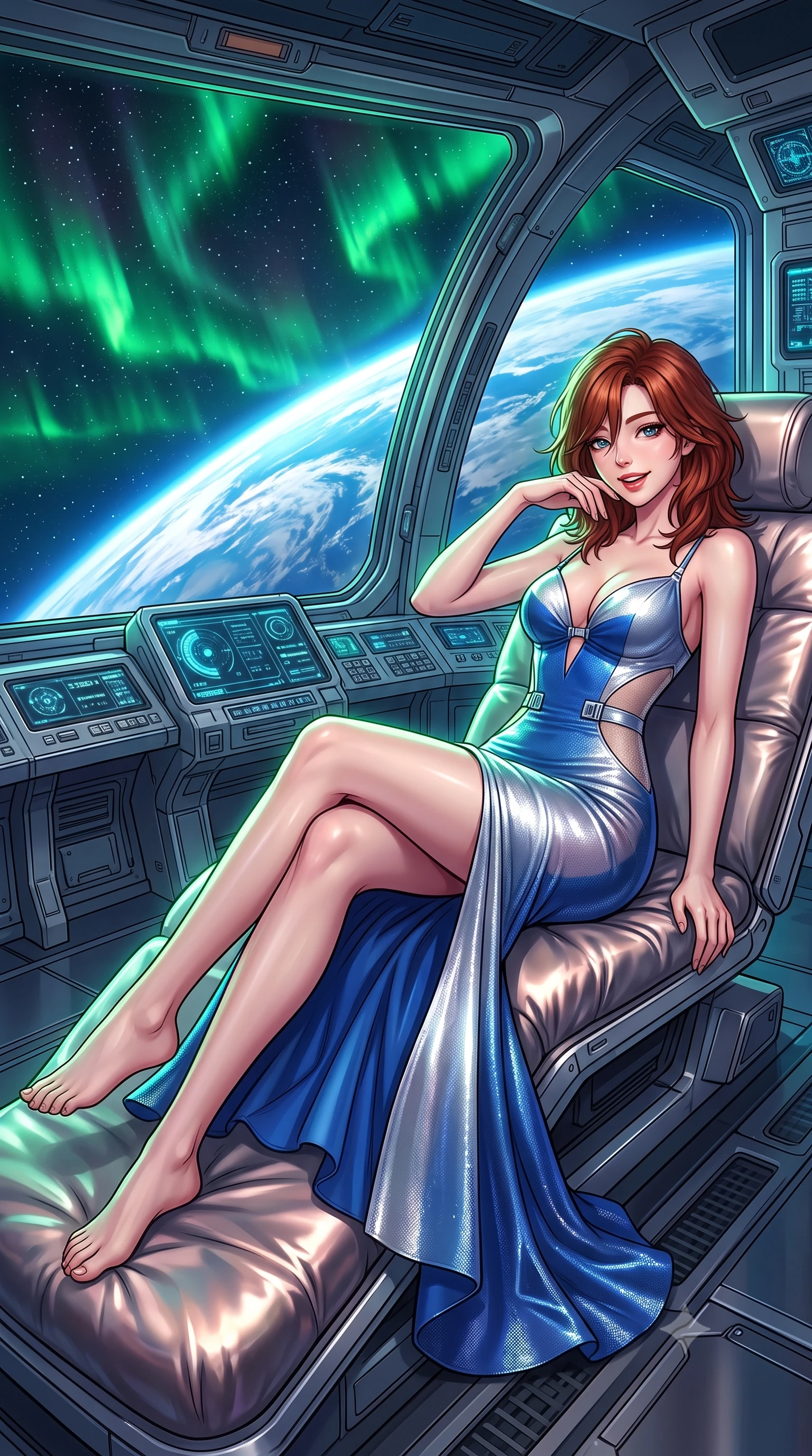 score_9, masterpiece, best quality, ultra-detailed, high-budget anime keyframe, semi-realistic 3D game render, editorial fashion photography, tasteful artistic composition, Korean woman. low angle full-body shot from head to toe showing her feet, filling the entire 9:16 vertical frame with her statuesque presence, stretching her vertical silhouette. reclining gracefully across the plush chaise lounge with one leg extended, her sculpted silhouette and flat midriff radiating magnetic nocturnal glamour while lounging gracefully across the observation pod seat propped on one elbow with legs extended, displaying her long slender limbs and statuesque hourglass silhouette against the cosmos. The surrounding environment is rendered in vivid detail and crisp panoramic clarity: detailed anime keyframe lines, rich glossy textures, and cutting-edge orbital station structure in razor-sharp precision. She has an exceptionally tall and slender model-like 8.5-heads proportion, an ultra-slim waist, a flat toned midriff, narrow delicate ribcage, and beautifully sculpted feminine hips creating a graceful, slim hourglass silhouette without any bulky heaviness, with impossibly long slender legs. sharp v-shaped jawline, high-bridge nose, intricate jewel-like sparkling eyes with depth, thick eyelashes, glossy parted lips with a natural peach sheen, bright cheerful beaming smile with an enchanting and coquettish sensual glint, exuding both youthful cute charm and seductive allure, flawlessly proportioned anatomical accuracy, strict slender model proportions, natural body alignment, perfectly sculpted long slender limbs, ultra-slim waistline, clean dynamic posture without body distortion. wearing an alluring plunging sweetheart bodice dress with sheer mesh side-waist cutouts contouring her ribs in Shackleton lunar ice silver and Earthrise cobalt, crafted from stretch micro-mesh with liquid foil coating that shimmers with every movement, finished with sleek magnetic buckle closures fluttering in the breeze, the glove-like clinging cut tightly following the natural contour of her hips and long slender legs with youthful 8.5-heads elegance. illuminated by Earth albedo reflection bounce and sharp aurora-emerald rim lights sculpting her jawline, narrow waist, and curvy hips. highly saturated vibrant anime colors, detailed shading with soft gradients, rich glossy textures, high-contrast stereoscopic depth, volumetric dynamic lighting, master piece, 9:16 ratio