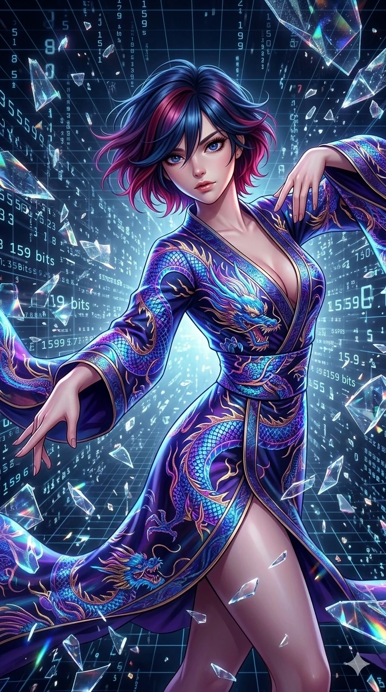 score_9, masterpiece, best quality, ultra-detailed, Set A: High-budget Anime Keyframe, Caucasian (strictly human ears) woman. Low angle cowboy shot filling the entire 9:16 frame with her statuesque presence. Casting a spell through a virtual reality void, with a massive holographic moon rising behind her marked as sector 153 and surrounded by shattered glass fragments. She has an absolutely perfect 8-heads proportion, an exceptionally tall and slender female figure with impossibly long slender legs and an ultra-slim waist. Sharp v-shaped jawline, high-bridge nose, intricate jewel-like eyes with depth, thick eyelashes, glossy lips with a natural sheen. Wearing Traditional silk robe with a modern tech-twist, featuring glowing circuit patterns. Cinematic lighting, vibrant colors, dramatic shadows, 2k, ultra detail, master piece, 9:16 ratio