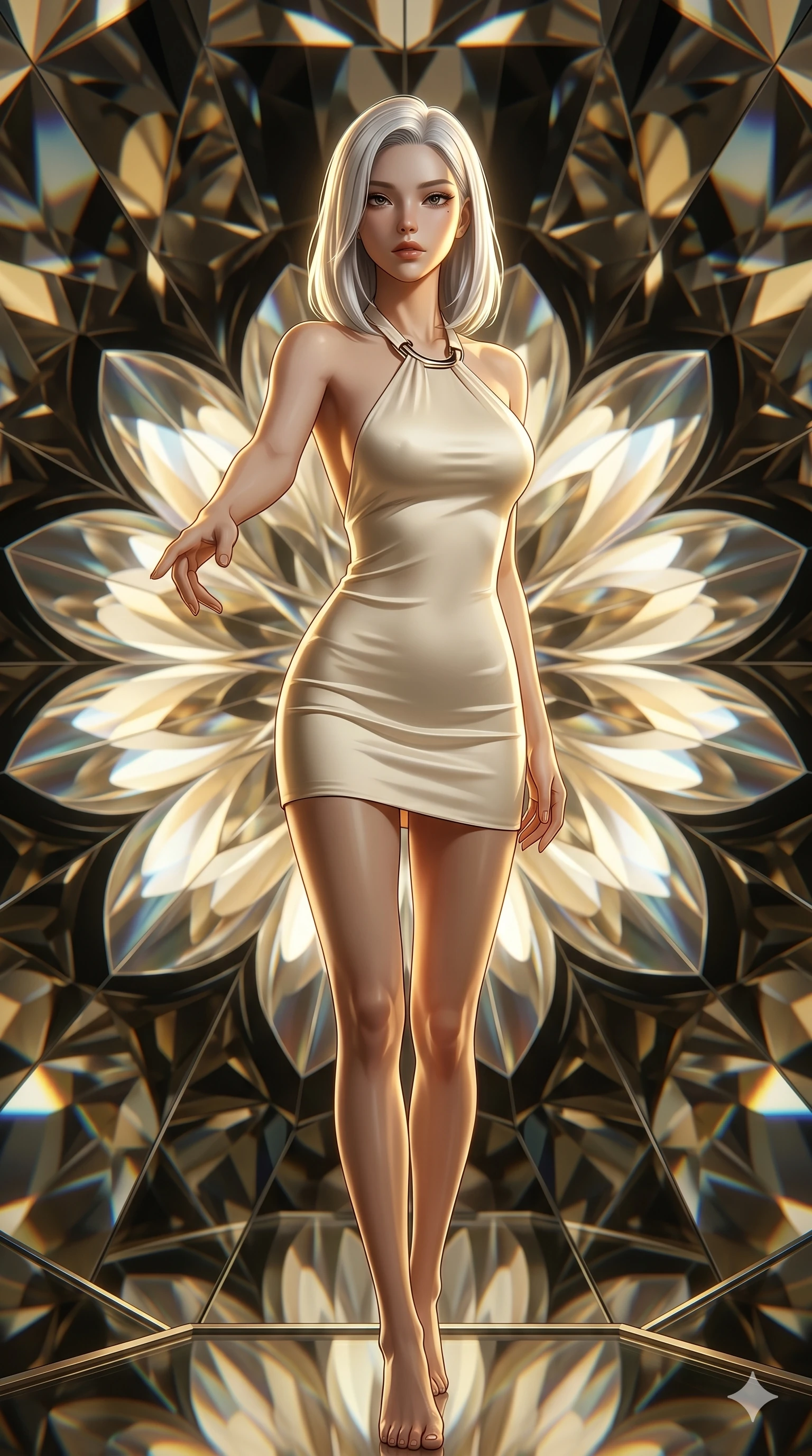 score_9, masterpiece, best quality, ultra-detailed, high-budget anime keyframe, editorial fashion photography, tasteful artistic composition, Korean woman. cowboy shot from the thighs up, character and outfit filling the frame for maximum editorial presence. Reaching one hand toward the viewer with relaxed elegance within a rotating kaleidoscope chamber where mirrored petals form endlessly shifting mandalas. She has an absolutely perfect 8-heads proportion, an exceptionally tall and slender female figure with impossibly long slender legs and an ultra-slim waist. V-shaped jawline, high-bridge nose, intricate jewel-like eyes with depth, thick eyelashes, glossy lips with a natural sheen. wearing an ultra-minimalist halter-neck mini dress in warm ivory stretch satin with a simple open-back, architectural hardware at the neck, and a perfectly form-contouring body ending at upper-thigh. lit by dramatic chiaroscuro with a single golden key light carving her facial contours and figure. 2k, ultra detail, master piece, 9:16 ratio
