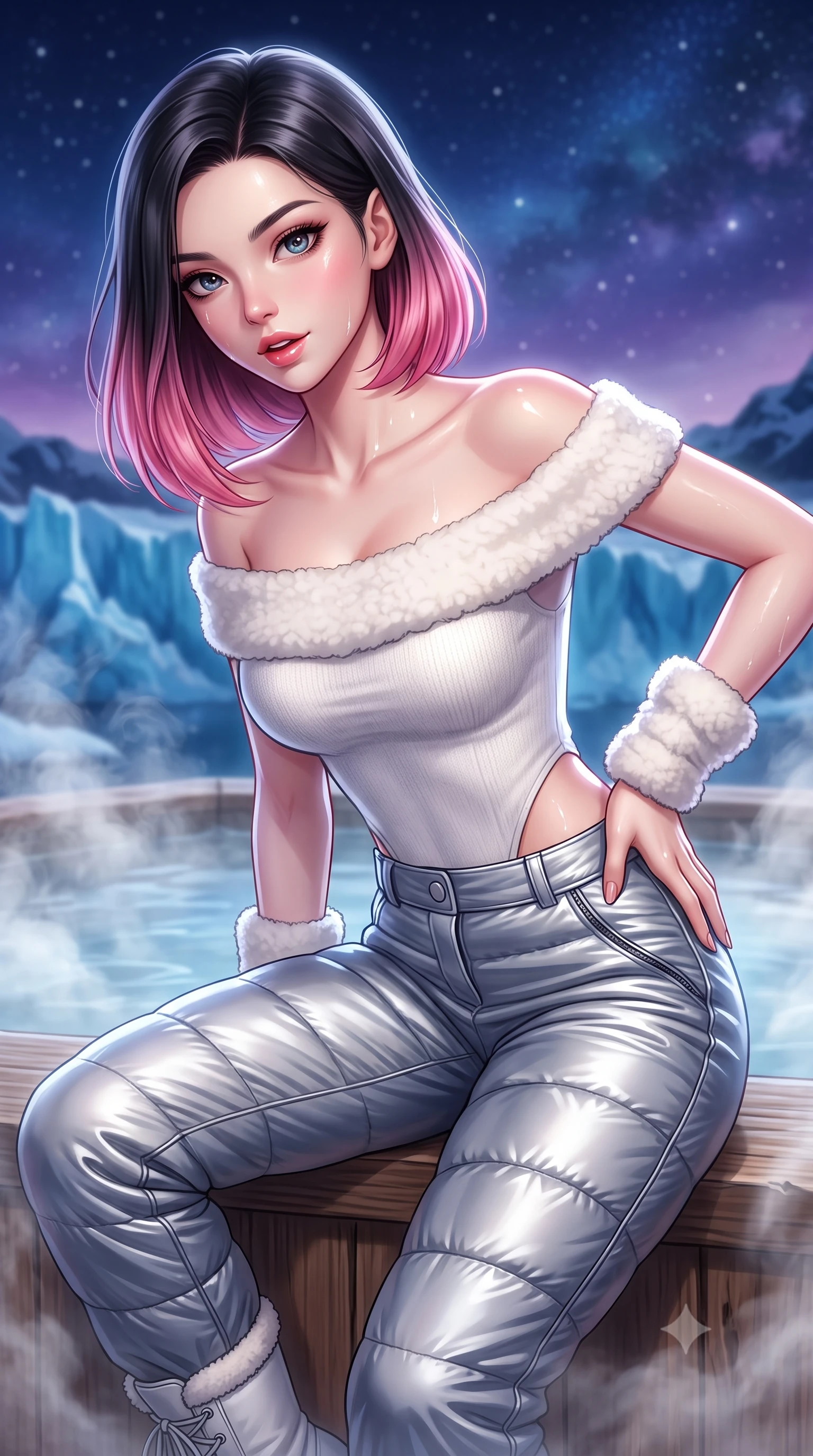 score_9, masterpiece, best quality, ultra-detailed, high-budget anime keyframe, semi-realistic 3D game render, editorial fashion photography, tasteful artistic composition, Korean woman. close-up cowboy shot from the waist and thighs up, the character dominates the composition, filling the frame with her large presence. leaning forward toward the camera with playful, breathtaking intimacy, eyes locked onto the viewer with irresistible charisma while sitting on the cedar edge of a steaming outdoor onsen overlooking blue midnight glaciers, one hand resting on her bare hip. The composition keeps background elements in soft focus with creamy bokeh. rising thermal steam swirls and starry alpine night skies blurred into deep sapphire, amethyst, and pearl-white bokeh. She has an exceptionally elegant, slender, and willowy female figure with an ultra-slim waist, a gracefully sculpted slender torso, toned flat midriff, and a refined slim silhouette. sharp v-shaped jawline, high-bridge nose, intricate jewel-like eyes with depth, thick eyelashes, glossy parted lips with a natural sheen, intensely captivating and seductive expression, flawlessly proportioned anatomical accuracy, strict slender model proportions, natural body alignment, perfectly sculpted long slender limbs, ultra-slim waistline, clean dynamic posture without body distortion. wearing an off-shoulder white shearling-trimmed knit bodysuit paired with high-waisted metallic snow trousers in winter slate grey and pearl luster, crafted from metallic silver ripstop nylon with plush goose-down quilting, complemented by plush shearling wrist warmers and stiletto snow boots, the sweeping couture drape swaying majestically with her steps, accentuating her tall statuesque limbs and slender waistline. illuminated by wet specular highlights accentuating her slender neckline, sculpted waist, and curves. highly saturated vibrant anime colors, detailed shading with soft gradients, rich glossy textures, high-contrast stereoscopic depth, volumetric dynamic lighting, master piece, 9:16 ratio