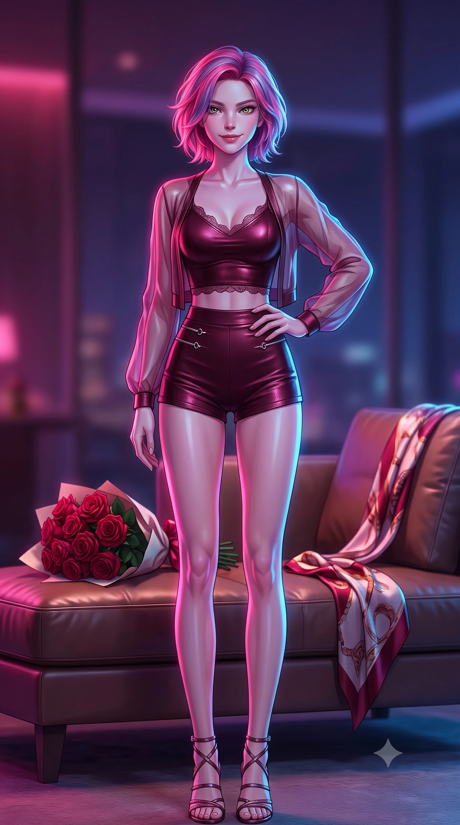 score_9, masterpiece, best quality, ultra-detailed, high-budget anime keyframe, editorial fashion photography, tasteful artistic composition, Caucasian woman. low angle full-body shot from head to toe showing her feet, filling the entire 9:16 vertical frame with her statuesque presence, stretching her vertical silhouette. standing in a captivating power pose with her back slightly arched, resting one hand near her hip with a magnetic smile set against a soft-focus background of inside an exclusive penthouse suite with a bouquet of crimson roses and a silk scarf resting on the leather seat. She has an absolutely perfect, statuesque 8.5-heads proportion, an exceptionally tall and slender model-like female figure with impossibly long slender legs and an ultra-slim waist. sharp v-shaped jawline, high-bridge nose, intricate jewel-like eyes with depth, thick eyelashes, glossy lips with a natural sheen. wearing body-hugging deep burgundy metallic jersey delicate lace-trim crop top worn under a sheer organza cardigan with high-waist micro-shorts accented with delicate silver hardware. drenched in dramatic neon rim-lighting that traces the sleek contours of her figure. highly saturated vibrant anime colors, detailed shading with soft gradients, rich glossy textures, high-contrast stereoscopic depth, volumetric dynamic lighting, master piece, 9:16 ratio