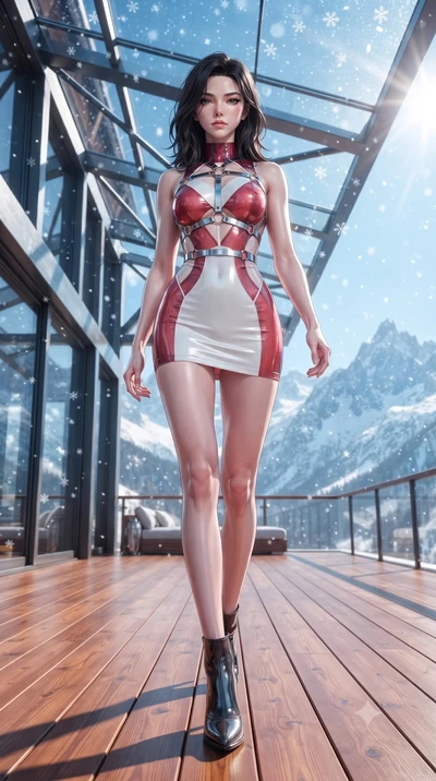 score_9, masterpiece, best quality, ultra-detailed, high-budget anime keyframe, editorial fashion photography, tasteful artistic composition, Korean woman. low angle full-body shot from head to toe showing her feet, filling the entire 9:16 vertical f