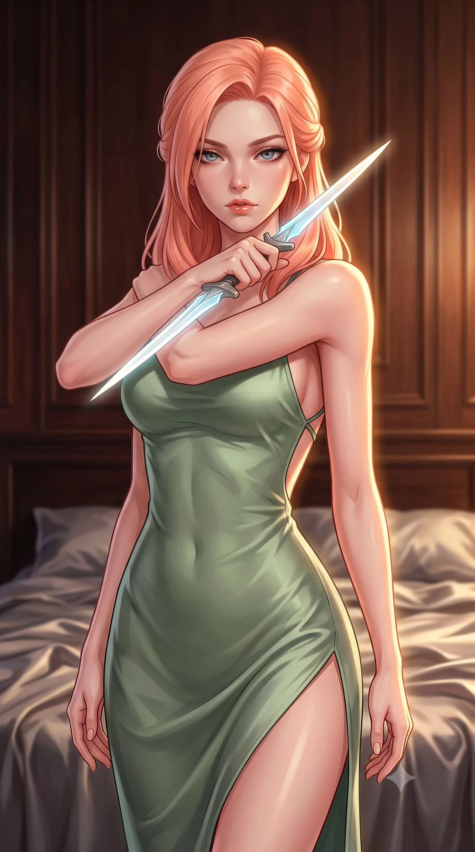 score_9, masterpiece, best quality, ultra-detailed, high-budget anime keyframe, editorial fashion photography, tasteful artistic composition, Japanese woman. close-up cowboy shot from the waist and thighs up, the character dominates the composition, filling the frame with her large presence, background elements kept in soft focus. holding two energy daggers crossed in front of her elegant collarbone, casting a heavy-lidded, sultry look, the background shows a soft-focus a citadel quarters bedroom with dark wood panels and silk sheets. She has an exceptionally elegant, slender, and willowy female figure with an ultra-slim waist, a gracefully sculpted slender torso, and a refined silhouette. sharp v-shaped jawline, high-bridge nose, intricate jewel-like eyes with depth, thick eyelashes, glossy lips with a natural sheen. wearing a form-contouring lightweight silk combat slip dress in sage green, featuring a high side slit and a low-cut back. warm golden hour light tracing her silhouette with a soft glowing rim light. highly saturated vibrant anime colors, detailed shading with soft gradients, rich glossy textures, high-contrast stereoscopic depth, volumetric dynamic lighting, master piece, 9:16 ratio