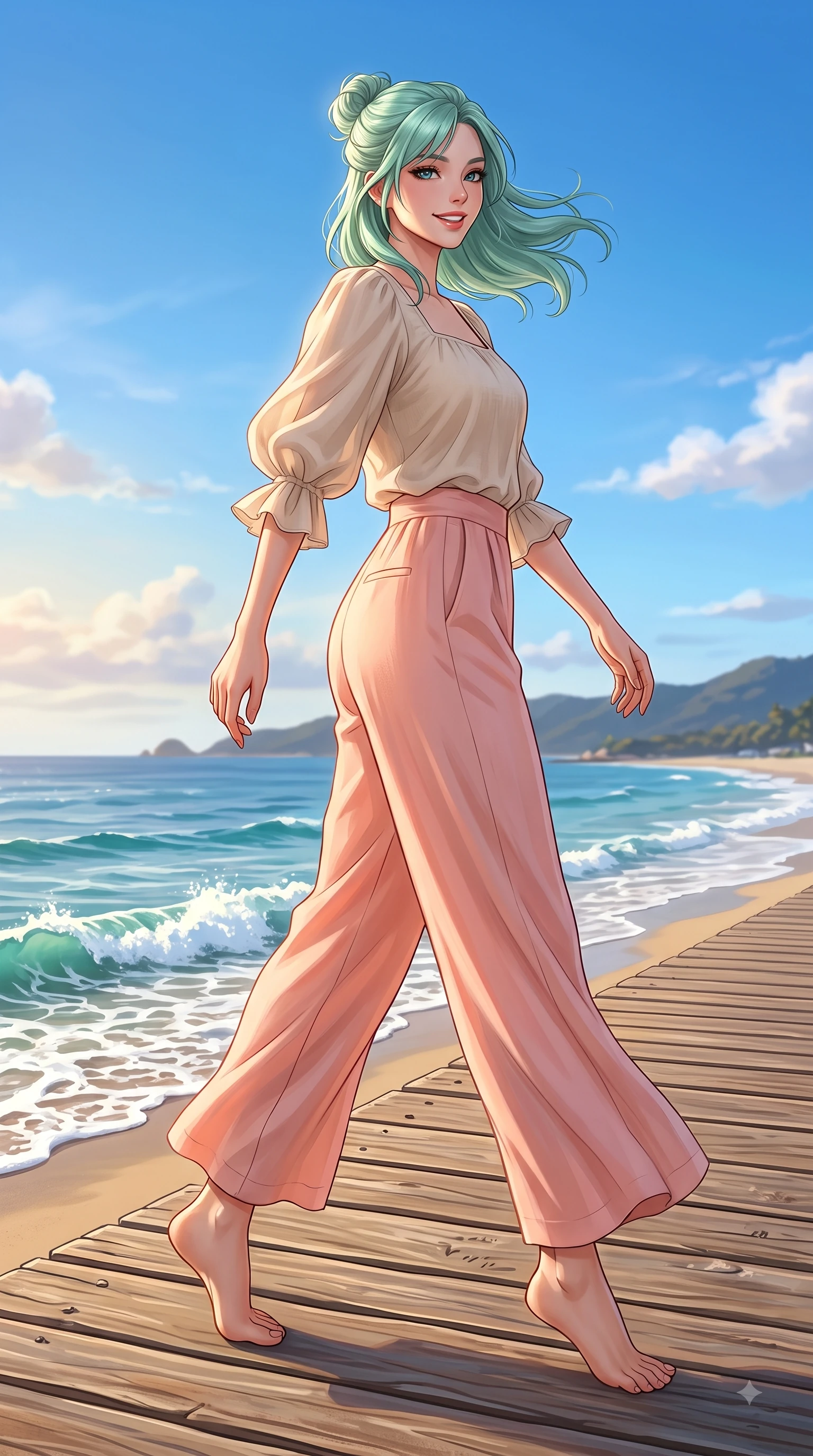 score_9, masterpiece, best quality, ultra-detailed, high-budget anime keyframe, editorial fashion photography, tasteful artistic composition, Japanese woman. low angle full-body shot from head to toe showing her feet, filling the entire 9:16 vertical frame with her statuesque presence, stretching her vertical silhouette. pivoting dynamically with a fresh infectious smile, her ultra-slim waist creating a sweeping fluid curve while taking a stroll along a quiet island seaside path as golden sunlight illuminates her fresh beauty. The surrounding environment is rendered in vivid detail and crisp panoramic clarity. vibrant sea foam crests, coastal boardwalk wooden planks, and crisp blue skies in panoramic clarity. She has an absolutely perfect, statuesque 8.5-heads proportion, an exceptionally tall and slender model-like female figure with impossibly long slender legs and an ultra-slim waist. sharp v-shaped jawline, high-bridge nose, intricate jewel-like eyes with depth, thick eyelashes, glossy lips with a natural sheen, flawlessly proportioned anatomical accuracy, natural body alignment, perfectly sculpted elegant limbs, clean dynamic posture without body distortion. wearing an elegant pastel linen blouse with puff sleeves and high-waisted wide-leg trousers in peach blossom pink and warm oatmeal, made of fine lightweight chiffon that flutters gently in the breeze, featuring elegant flutter sleeves and a graceful square neckline, the relaxed yet flattering fit accentuating her naturally graceful and slender figure. surrounded by a fresh, sun-drenched, and relaxing vacation atmosphere. highly saturated vibrant anime colors, detailed shading with soft gradients, rich glossy textures, high-contrast stereoscopic depth, volumetric dynamic lighting, master piece, 9:16 ratio