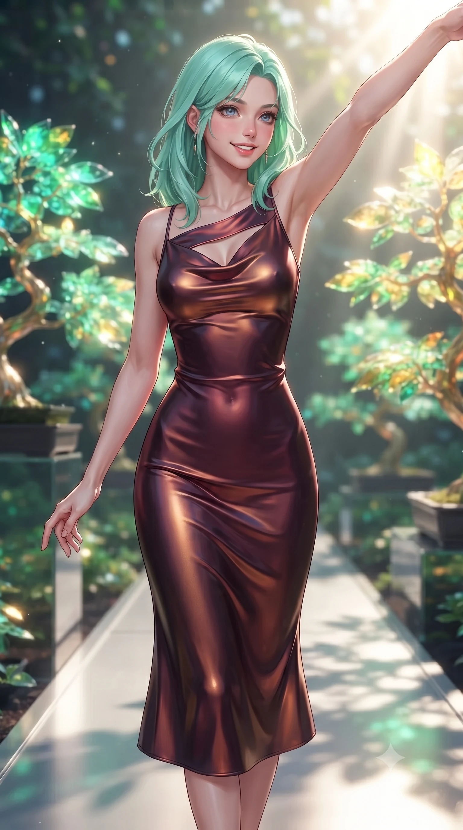 score_9, masterpiece, best quality, ultra-detailed, high-budget anime keyframe, editorial fashion photography, tasteful artistic composition, Japanese woman. close-up cowboy shot from the waist and thighs up, the character dominates the composition, filling the frame with her large presence, background elements kept in soft focus. Extending one arm in an elegant stretch toward the light while smiling with magnetic self-assurance while walking along a platinum walkway in a quantum garden filled with glowing glass bonsai trees, translucent glass bonsai leaves reflecting vibrant emerald and gold sunbursts. She has an exceptionally elegant, slender, and willowy female figure with an ultra-slim waist, a gracefully sculpted slender torso, and a refined silhouette. sharp v-shaped jawline, high-bridge nose, intricate jewel-like eyes with depth, thick eyelashes, glossy lips with a natural sheen, flawlessly proportioned anatomical accuracy, natural body alignment, perfectly sculpted elegant limbs, clean dynamic posture without body distortion. wearing an elegant cowl-neck satin midi dress with a graceful draped neckline in deep burgundy and bronze, formed from sleek second-skin neoprene, accented with a Tasteful chest slit framing her clavicle gracefully, the tailored fabric tightly following every curve of her athletic build. illuminated by brilliant sunbeams casting organic leaf stencil shadows. ultra-reflective glossy finish, specular highlights, metallic sheen, high-contrast stereoscopic depth, volumetric dynamic lighting, 2k, ultra detail, master piece, 9:16 ratio