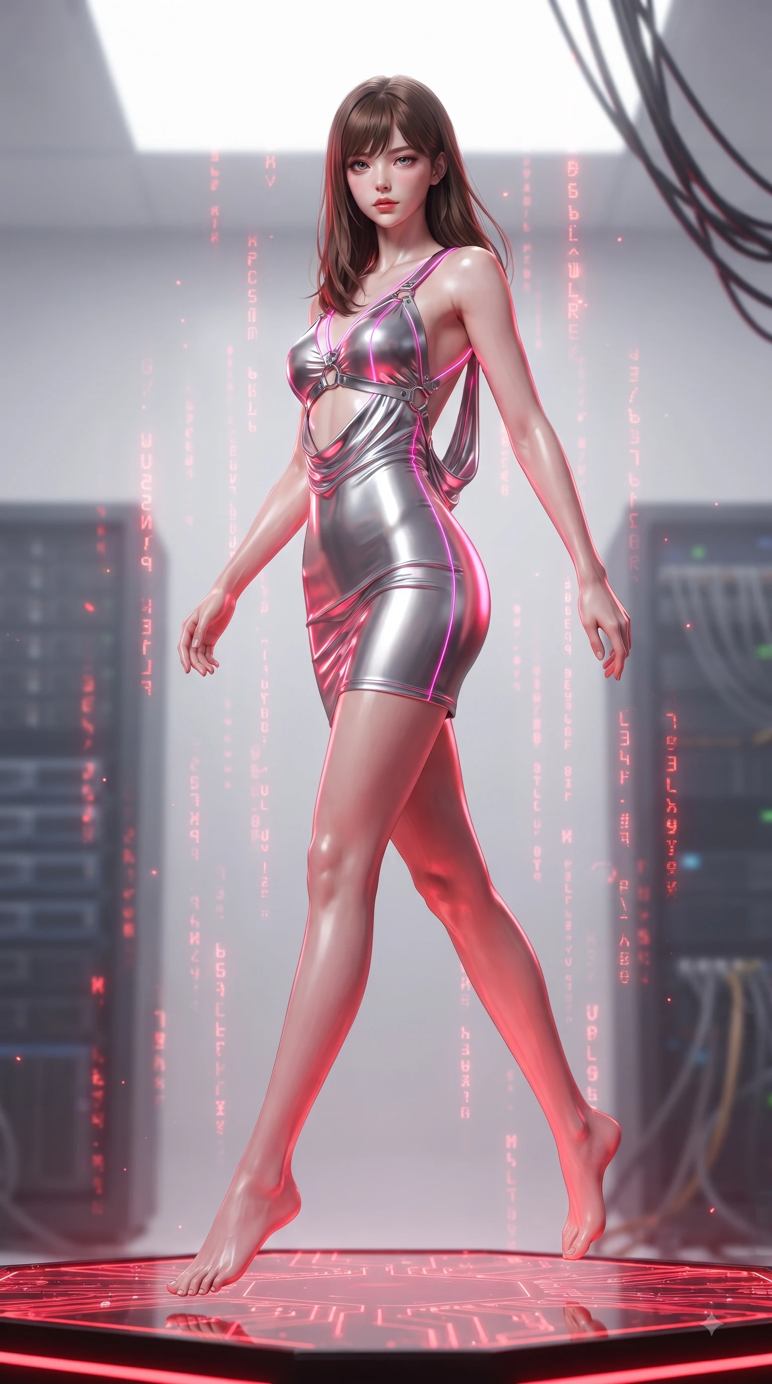 score_9, masterpiece, best quality, ultra-detailed, high-budget anime keyframe, editorial fashion photography, tasteful artistic composition, Korean woman. low angle full-body shot from head to toe showing her feet, filling the entire 9:16 vertical frame with her statuesque presence, stretching her vertical silhouette. performing an alluring mid-air vault with flawless poise, looking directly into the camera with smoldering intensity while stepping down from a high-tech circuit dais as glowing red matrix glyphs cascade around her. The composition keeps background elements in soft focus with creamy bokeh. distant server towers and cable bundles softened in shallow cinematic depth of field. She has an absolutely perfect, statuesque 8.5-heads proportion, an exceptionally tall and slender model-like female figure with impossibly long slender legs and an ultra-slim waist. sharp v-shaped jawline, high-bridge nose, intricate jewel-like eyes with depth, thick eyelashes, glossy lips with a natural sheen, flawlessly proportioned anatomical accuracy, natural body alignment, perfectly sculpted elegant limbs, clean dynamic posture without body distortion. wearing a precision-fitted liquid jersey bodycon dress with a dramatic draped cowl back that swoops down to her waist in chromatic platinum and blazing neon magenta, made of liquid metal jersey that clings flawlessly to every contour of her build, reinforced by a sleek metallic chrome harness and delicate glowing micro-straps, the glove-like fit tightly following every curve of her statuesque athletic build. bathed in bright white studio flash light and sharp crimson rim lighting outlining her silhouette. ultra-reflective glossy finish, specular highlights, metallic sheen, high-contrast stereoscopic depth, volumetric dynamic lighting, 2k, ultra detail, master piece, 9:16 ratio