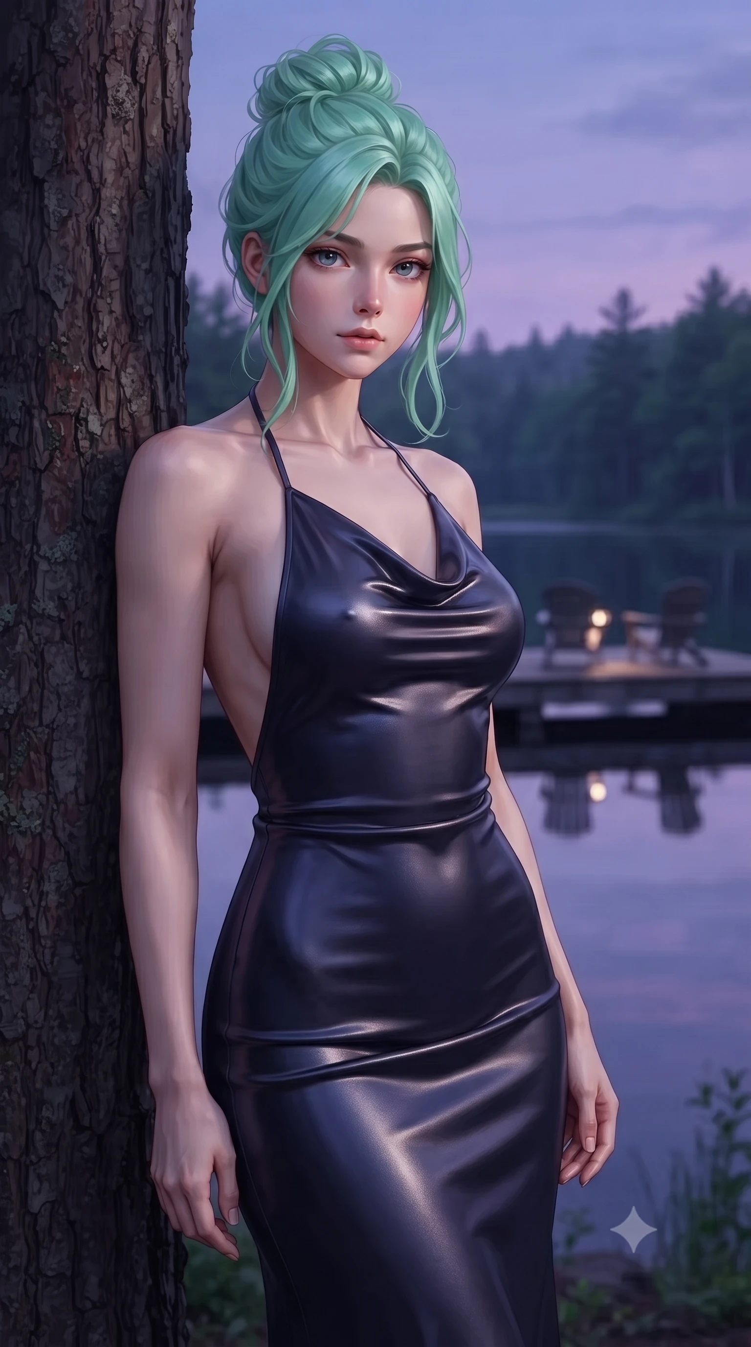 score_9, masterpiece, best quality, ultra-detailed, high-budget anime keyframe, editorial fashion photography, tasteful artistic composition, Japanese woman woman. close-up cowboy shot from the waist and thighs up, the character dominates the composition, filling the frame with her large presence, background elements kept in soft focus. standing relaxed against a tree trunk, sharing a quiet, serene moment with the viewer the background shows a soft-focus a simple dark wood deck extending over a calm forest lake, with two chairs. She has an exceptionally elegant, slender, and willowy female figure with an ultra-slim waist, a gracefully sculpted slender torso, and a refined silhouette. sharp v-shaped jawline, high-bridge nose, intricate jewel-like eyes with depth, thick eyelashes, glossy lips with a natural sheen. wearing a slim-fit backless halter midi dress in dark indigo, showing her elegant clavicle lines. the serene purple and blue hues of twilight reflecting on the still water. ultra-reflective glossy finish, specular highlights, metallic sheen, high-contrast stereoscopic depth, volumetric dynamic lighting, 2k, ultra detail, master piece, 9:16 ratio