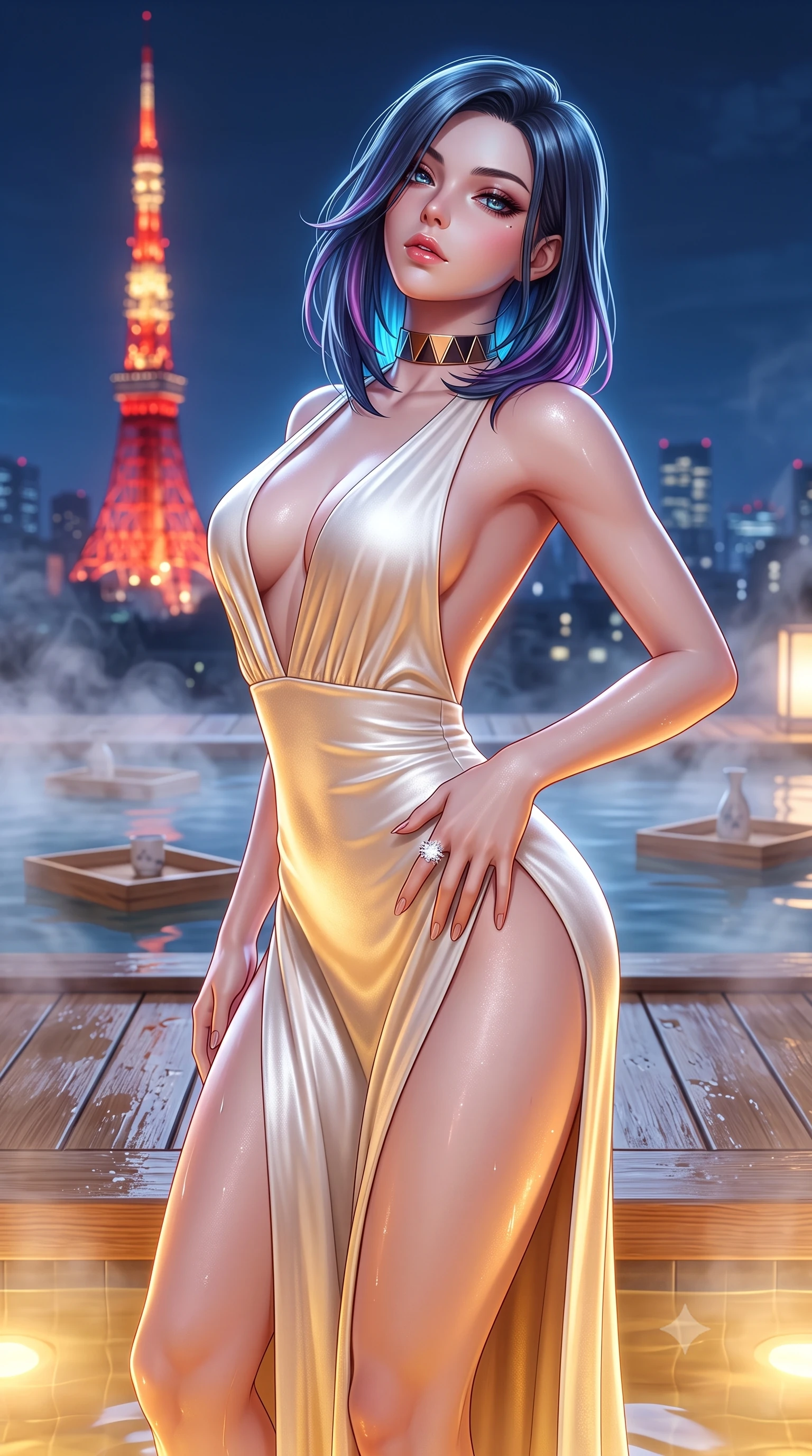 score_9, masterpiece, best quality, ultra-detailed, high-budget anime keyframe, semi-realistic 3D game render, editorial fashion photography, tasteful artistic composition, Caucasian woman. close-up cowboy shot from the waist and thighs up, the character dominates the composition, filling the frame with her large presence. arching her spine backward with effortless dancer poise, one hand sliding along her hip line as directional light carves specular highlights along her silhouette while standing poised on the wet hinoki wooden deck beside the water's edge, turning in an alluring silhouette as Tokyo Tower glows crimson behind her. The composition keeps background elements in soft focus with creamy bokeh. floating wooden sake cedar trays and onsen steam swirls softened in sensual atmospheric shallow focus. She has an exceptionally elegant, slender, and willowy female figure with an ultra-slim waist, flat toned midriff, narrow ribcage, and sculpted feminine hips creating an alluring, slim hourglass silhouette without bulk. sharp v-shaped jawline, high-bridge nose, intricate jewel-like eyes with depth, thick eyelashes, glossy parted lips with a natural sheen, intensely captivating and seductive bedroom-eyes expression, flawlessly proportioned anatomical accuracy, strict slender model proportions, natural body alignment, perfectly sculpted long slender limbs, ultra-slim waistline, clean dynamic posture without body distortion. wearing a plunging-V neckline duchess satin gown with high side slits ascending to the high hip in pure alabaster white and sun-kissed gold, crafted from heavyweight crushed silk velvet with liquid vintage luster, complemented by a bold geometric choker and sparkling cocktail ring, the form-contouring material adhering flawlessly to her sculpted flat midriff and slender torso, emphasizing her long leg lines and perfectly proportioned willowy build. bathed in warm submerged amber pool lights contrasting with cool midnight blue metropolitan skylight. highly saturated vibrant anime colors, detailed shading with soft gradients, rich glossy textures, high-contrast stereoscopic depth, volumetric dynamic lighting, master piece, 9:16 ratio