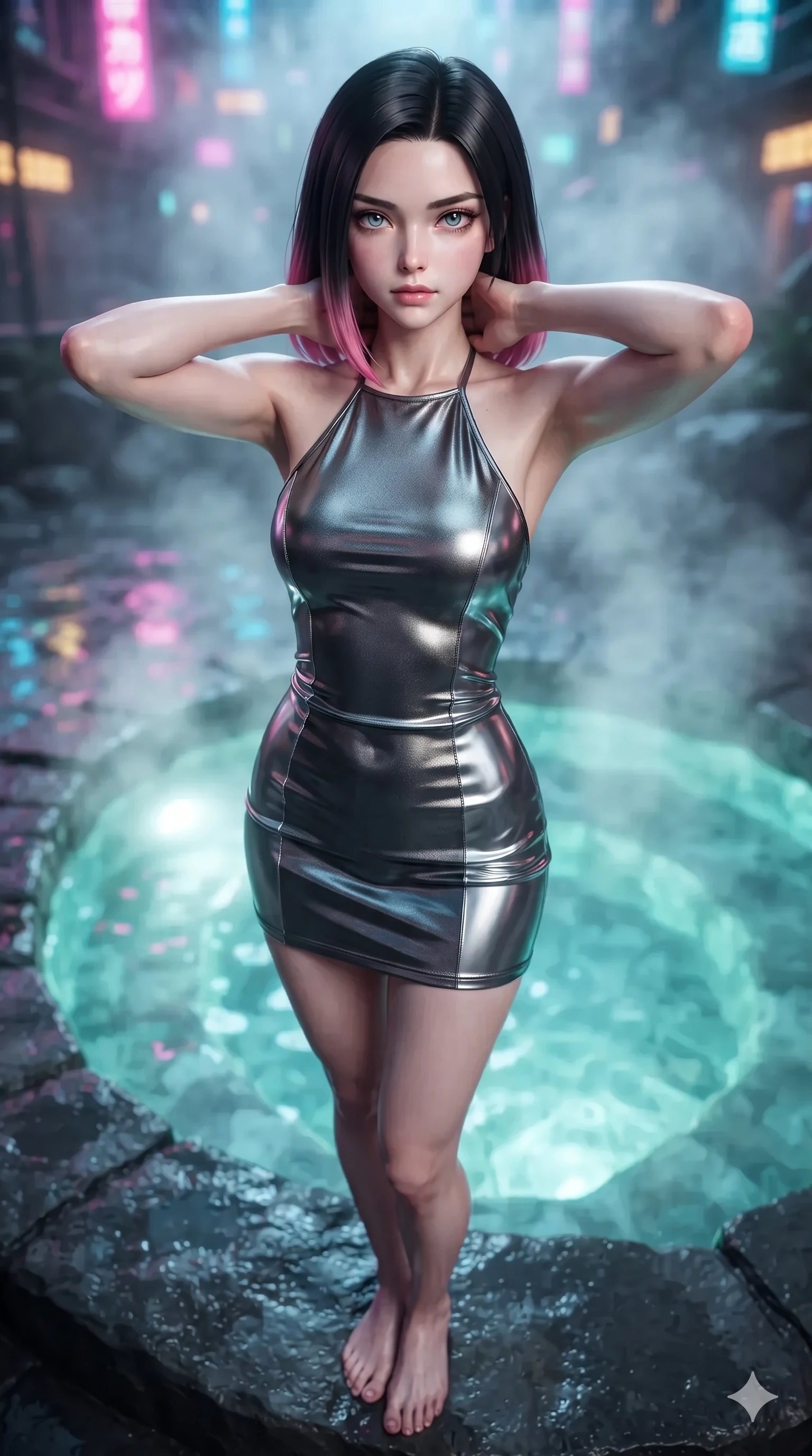 score_9, masterpiece, best quality, ultra-detailed, high-budget anime keyframe, editorial fashion photography, tasteful artistic composition, Korean woman. close-up cowboy shot from the waist and thighs up, the character dominates the composition, filling the frame with her large presence. resting both hands lightly behind her neck with elbows raised, arching her spine to highlight her narrow waist, flat midriff, and breathtaking collarbones while twisting her slender torso in an alluring S-curve on the wet basalt ledge, glowing turquoise pool illumination and neon reflections tracing her silhouette. The background shows a soft-focus mineral steam haze softened in rooftop geothermal pool shallow focus. She has an exceptionally elegant, slender, and willowy female figure with an ultra-slim waist, flat toned midriff, narrow ribcage, and sculpted feminine hips creating an alluring, slim hourglass silhouette without bulk. sharp v-shaped jawline, high-bridge nose, intricate jewel-like sparkling eyes with depth, thick eyelashes, glossy parted lips with a natural sheen, intensely captivating and seductive bedroom-eyes expression, exuding both youthful cute charm and sovereign luxury allure, flawlessly proportioned anatomical accuracy, strict slender model proportions, natural body alignment, perfectly sculpted long slender limbs, ultra-slim waistline, clean dynamic posture without body distortion. wearing an alluring backless metallic lamé halterneck mini dress with deep scoop back down to her lower spine and thigh-high slit in charcoal grey and polished chrome, crafted from stretch micro-mesh with liquid foil coating that shimmers with every movement, complemented by strappy stiletto sandals with metallic ankle wraps accentuating her slender calves, the high-slit wrap tailoring accentuating her ultra-slim waistline and the enchanting curve of her feminine hips with alluring seductive charm. bathed in the radiant underwater turquoise glow of the thermal pool mixed with ambient city neon from the surrounding skyline. ultra-reflective glossy finish, specular highlights, rich textural contrasts, high-contrast stereoscopic depth, volumetric dynamic lighting, 2k, ultra detail, master piece, 9:16 ratio