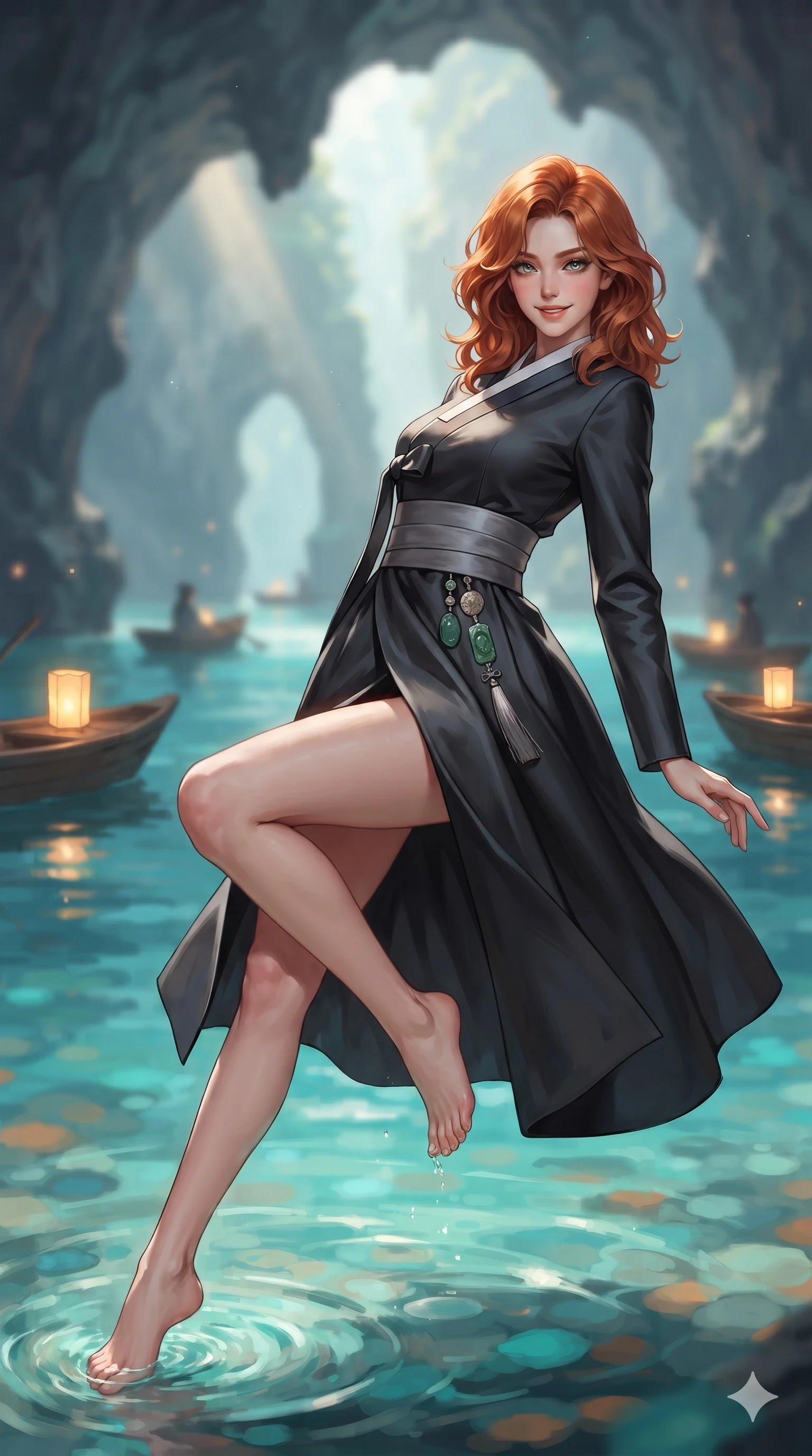 score_9, masterpiece, best quality, ultra-detailed, high-budget anime keyframe, editorial fashion photography, tasteful artistic composition, Korean woman. low angle full-body shot from head to toe showing her feet, filling the entire 9:16 vertical frame with her statuesque presence, stretching her vertical silhouette. reclining on her side in an elegant Cleopatra pose with one knee drawn up, the dramatic contour of her rounded hips and long slender legs commanding the 9:16 vertical frame while stepping slowly into the crystal shallows with hypnotic grace, hips swaying in an alluring sensual rhythm that commands the cavern void. The background shows a soft-focus soaring limestone cavern arches, floating wooden skiffs with glowing paper lanterns, and turquoise shallows blurred into aquamarine, amber, and slate bokeh. She has an absolutely perfect, statuesque 8.5-heads proportion, an exceptionally tall and slender model-like female figure with impossibly long slender legs, an ultra-slim waist, a flat toned midriff, narrow delicate ribcage, and beautifully sculpted feminine hips creating a graceful, slim hourglass silhouette without any bulky heaviness. sharp v-shaped jawline, high-bridge nose, sparkling eyes with hypnotic seductive depth, thick curled eyelashes, glossy parted lips with a natural dewy peach sheen, alluring bedroom-eyes with an enchanting coquettish smile, exuding magnetic siren charisma and sophisticated glamour, flawlessly proportioned anatomical accuracy, strict slender model proportions, natural body alignment, perfectly sculpted long slender limbs, ultra-slim waistline, clean dynamic posture without body distortion. wearing a structured minimalist hanbok wrap coat dress with clean geometric lines and a wide formal sash in liquid mercury chrome and deep ink black, tailored from heavy double-faced silk faille with an exceptionally fluid drape, finished with authentic carved jade pendants and traditional norigae knots, the bespoke structured tailoring following the natural line of her 8.5-heads silhouette with refined elegance. bathed in magical horizontal moonbeams penetrating through the cavern mouth meeting warm floating candle lantern glows. ultra-reflective glossy finish, specular highlights, rich textural contrasts, high-contrast stereoscopic depth, volumetric dynamic lighting, 2k, ultra detail, master piece, 9:16 ratio