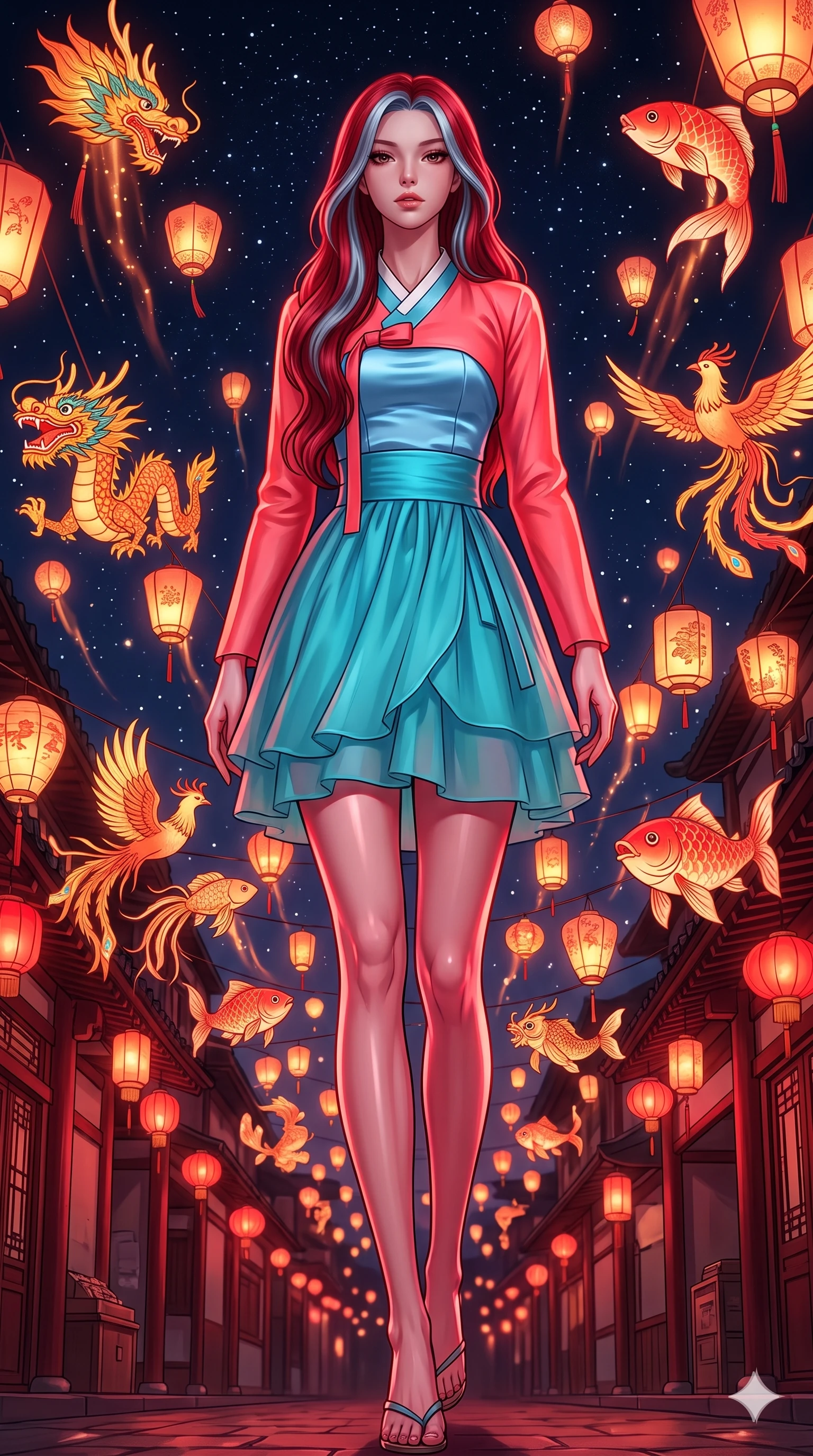 score_9, masterpiece, best quality, ultra-detailed, high-budget anime keyframe, editorial fashion photography, tasteful artistic composition, Caucasian woman, strictly human ears. low angle full-body shot from head to toe showing her feet, filling the entire 9:16 vertical frame with her statuesque presence, stretching her vertical silhouette. stepping elegantly through a moonlit festival where thousands of illuminated paper lanterns shaped like mythical creatures dragons phoenixes and koi fish float upward into a star-filled sky trailing warm light. She has a statuesque 8.5-heads proportion, an exceptionally tall, slender and willowy model-like build with impossibly long legs and a highly sculpted ultra-slim waist. sharp v-shaped jawline, high-bridge nose, intricate jewel-like eyes with depth, thick eyelashes, glossy lips with a natural sheen. wearing a modern fusion Hanbok with a vivid coral-pink cropped jeogori over a sky-blue satin bodice and a layered turquoise chiffon wrap skirt. deep crimson theatrical lighting with sharp specular highlights on every curve. 2k, ultra detail, master piece, 9:16 ratio