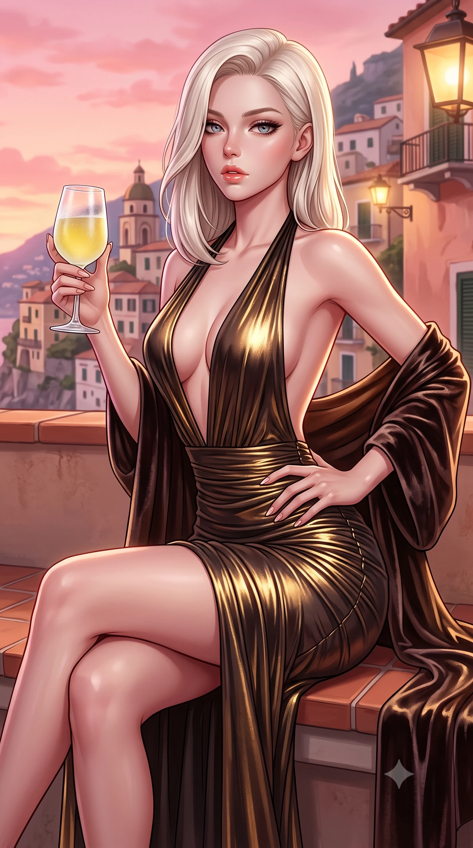 score_9, masterpiece, best quality, ultra-detailed, high-budget anime keyframe, semi-realistic 3D game render, editorial fashion photography, tasteful artistic composition, Caucasian woman. close-up cowboy shot from the waist and thighs up, the character dominates the composition, filling the frame with her large presence. resting one manicured hand delicately on her hip bone, her upper body turning in a fluid, seductive S-curve while parted lips glisten in the light while perching on a terracotta tiled bench with legs crossed, arching her lower back while holding a frosted glass of limoncello. The surrounding environment is rendered in vivid detail and crisp panoramic clarity. detailed silk dress drape folds, cocktail glass condensation, and Amalfi village architecture in high resolution. She has an exceptionally elegant, slender, and willowy female figure with an ultra-slim waist, flat toned midriff, narrow ribcage, and sculpted feminine hips creating an alluring, slim hourglass silhouette without bulk. sharp v-shaped jawline, high-bridge nose, intricate jewel-like eyes with depth, thick eyelashes, glossy parted lips with a natural sheen, intensely captivating and seductive bedroom-eyes expression, flawlessly proportioned anatomical accuracy, strict slender model proportions, natural body alignment, perfectly sculpted long slender limbs, ultra-slim waistline, clean dynamic posture without body distortion. wearing a plunging halter-neck metallic lamé column dress with a dramatic bare spine and hip-defining ruching in dark espresso brown and molten gold foil, made of fluid silk crepe with delicate inner corsetry boning, complemented by a plush velvet shawl draped loosely over her elbows, the dramatically scooped open back descending to the base of her spine, accentuating her razor-sharp statuesque lines and slim hourglass silhouette. bathed in rich pastel dusk pink and peach sunset glow contrasting with warm terrace lantern downlights. highly saturated vibrant anime colors, detailed shading with soft gradients, rich glossy textures, high-contrast stereoscopic depth, volumetric dynamic lighting, master piece, 9:16 ratio
