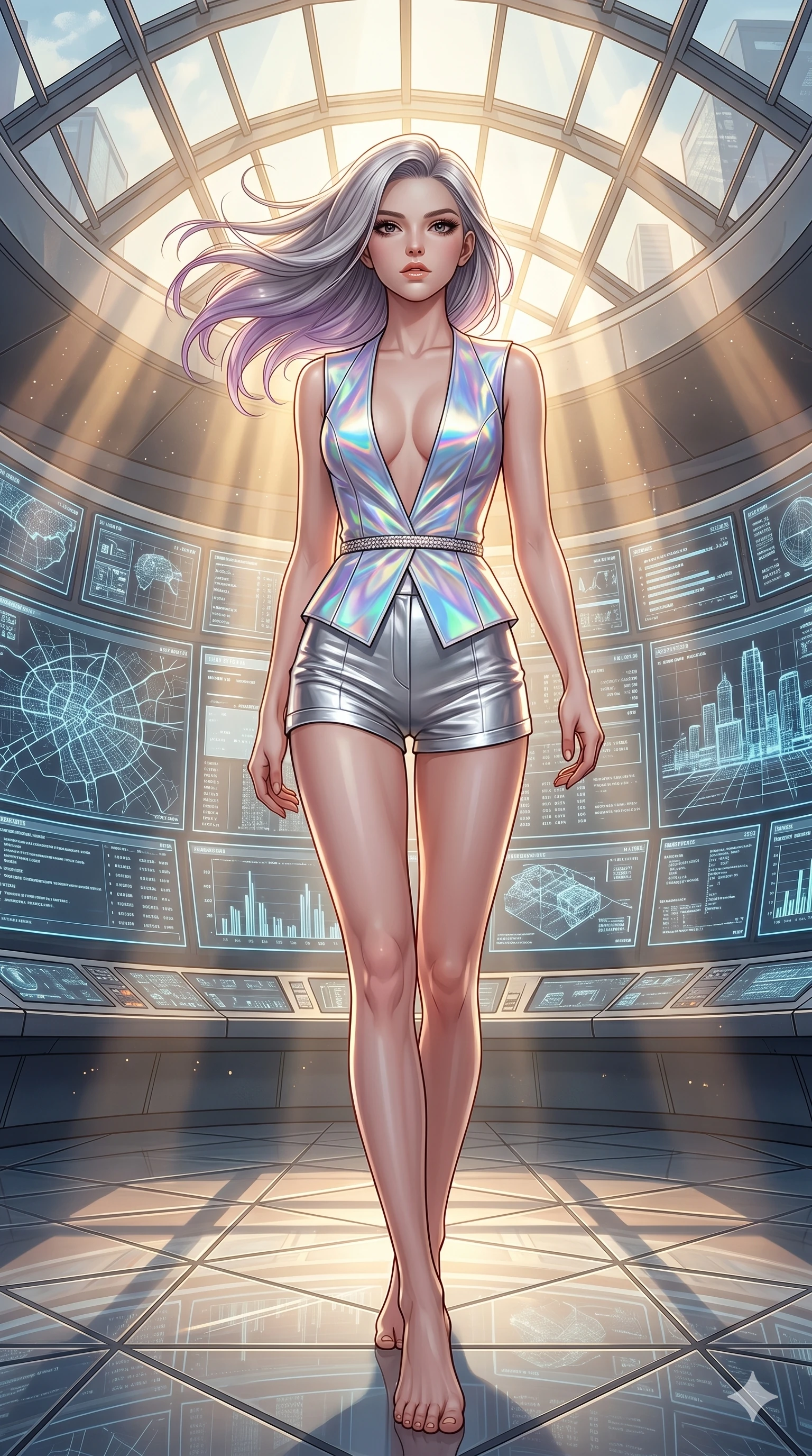 score_9, masterpiece, best quality, ultra-detailed, high-budget anime keyframe, editorial fashion photography, tasteful artistic composition, Caucasian woman, strictly human ears. low angle full-body shot from head to toe showing her feet, filling the entire 9:16 vertical frame with her statuesque presence, stretching her vertical silhouette. Pivoting sharply mid-step with hair sweeping dramatically behind within a high-tech control room with walls of curved monitors showing wireframe maps. She has an absolutely perfect 8-heads proportion, an exceptionally tall and slender female figure with impossibly long slender legs and an ultra-slim waist. V-shaped jawline, high-bridge nose, intricate jewel-like eyes with depth, thick eyelashes, glossy lips with a natural sheen. wearing a structured vest in holographic fabric with a deep neckline, paired with silver metallic high-waist tailored micro-shorts. drenched in cinematic god-ray sunlight descending from a vaulted glass ceiling, illuminating her form. 2k, ultra detail, master piece, 9:16 ratio