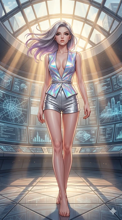 score_9, masterpiece, best quality, ultra-detailed, high-budget anime keyframe, editorial fashion photography, tasteful artistic composition, Caucasian woman, strictly human ears. low angle full-body shot from head to toe showing her feet, filling th