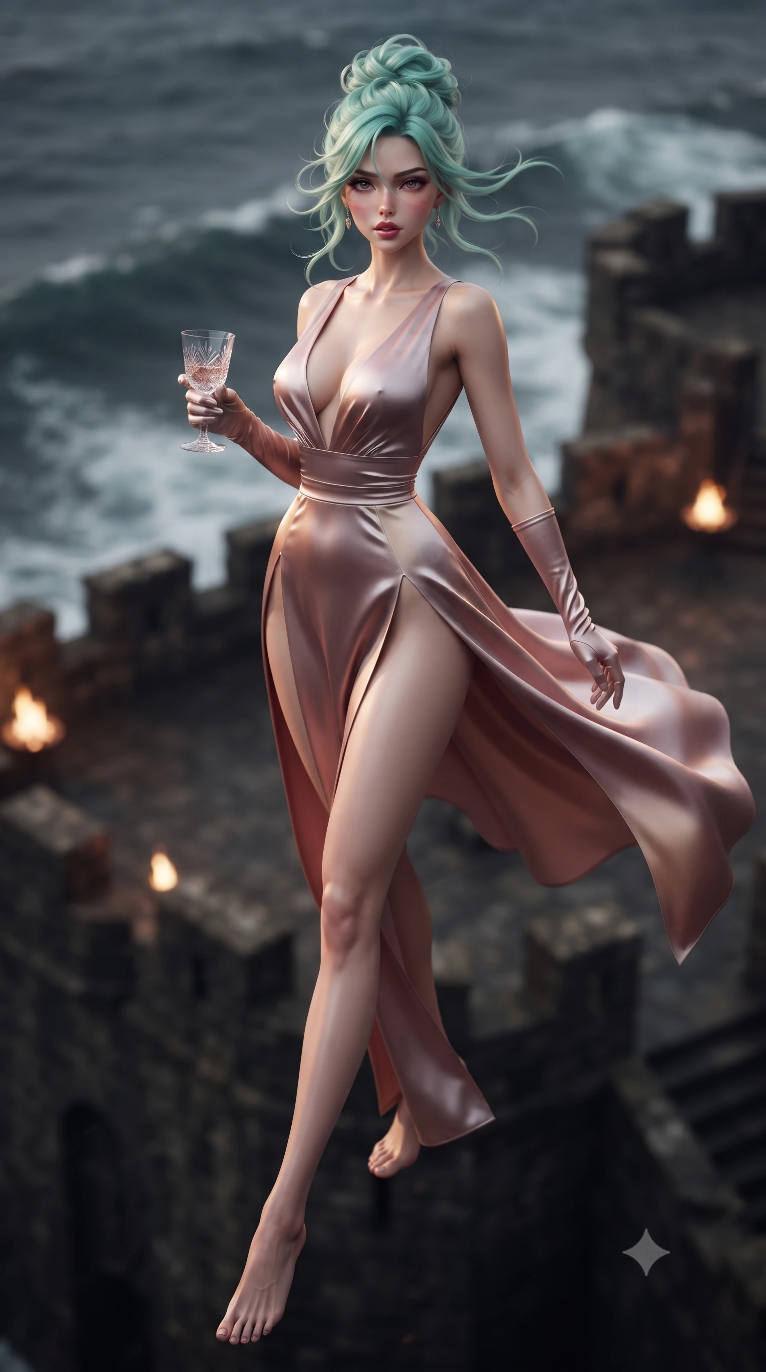 score_9, masterpiece, best quality, ultra-detailed, high-budget anime keyframe, editorial fashion photography, tasteful artistic composition, Japanese woman. low angle full-body shot from head to toe showing her feet, filling the entire 9:16 vertical frame with her statuesque presence, stretching her vertical silhouette. sitting perched on the elevated edge with hips angled toward the camera and legs crossed, displaying her toned midriff and flawlessly sculpted slender limbs while standing poised on the high stone ramparts facing the surging ocean tide, arching her spine as Atlantic winds whip her dress around her curvy hips. The composition keeps background elements in soft focus with creamy bokeh. stone battlements and flickering perimeter torchlights softened in dramatic cinematic depth. She has an exceptionally tall and slender model-like 8.5-heads proportion, an ultra-slim waist, a flat toned midriff, narrow delicate ribcage, and beautifully sculpted feminine hips creating a graceful, slim hourglass silhouette without any bulky heaviness, with impossibly long slender legs. sharp v-shaped jawline, high-bridge nose, intricate jewel-like eyes with depth, thick eyelashes, glossy parted lips with a natural sheen, intensely captivating and seductive bedroom-eyes expression, flawlessly proportioned anatomical accuracy, strict slender model proportions, natural body alignment, perfectly sculpted long slender limbs, ultra-slim waistline, clean dynamic posture without body distortion. wearing a plunging-V neckline duchess satin gown with high side slits ascending to the high hip in dusky blush rose and champagne shimmer, tailored from ultra-smooth duchess satin with a pearlescent sheen, accessorized with opera-length satin gloves and a vintage crystal glass, the form-contouring material adhering flawlessly to her sculpted flat midriff and slender torso, emphasizing her long leg lines and perfectly proportioned willowy build. illuminated by crisp directional edge highlights sculpting her bare collarbones, slender waist, and curvy hips. ultra-reflective glossy finish, specular highlights, rich textural contrasts, high-contrast stereoscopic depth, volumetric dynamic lighting, 2k, ultra detail, master piece, 9:16 ratio