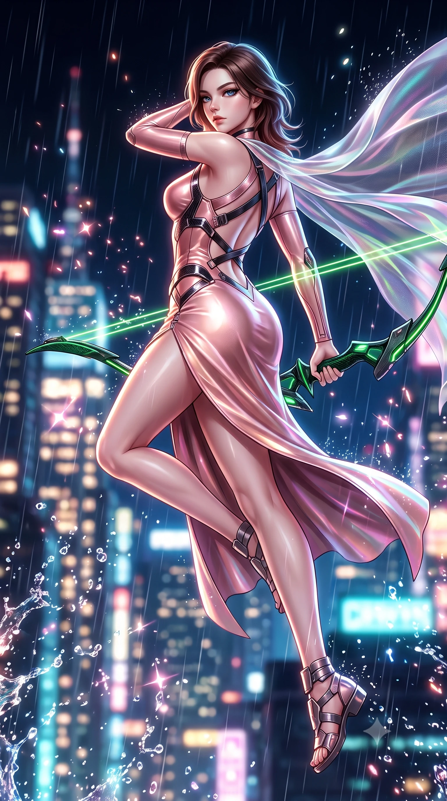 score_9, masterpiece, best quality, ultra-detailed, high-budget anime keyframe, semi-realistic 3D game render, editorial fashion photography, tasteful artistic composition, Korean woman. low angle full-body shot from head to toe showing her feet, filling the entire 9:16 vertical frame with her statuesque presence, stretching her vertical silhouette. performing an alluring mid-air combat landing with flawless poise, looking directly into the camera with regal, deadly intensity while arching her spine in a fluid combat stance as high-altitude winds billow her sheer tactical cape against the glowing city skyline. The composition keeps background elements in soft focus with creamy bokeh. sparkling plasma energy motes and splashing rain droplets scattering radiant light across a dark backdrop. She has an absolutely perfect, statuesque 8.5-heads proportion, an exceptionally tall and slender model-like female figure with impossibly long slender legs, a toned flat midriff, and an ultra-slim waist. sharp v-shaped jawline, high-bridge nose, intricate jewel-like eyes with depth, thick eyelashes, glossy lips with a natural sheen, flawlessly proportioned anatomical accuracy, strict slender model proportions, natural body alignment, perfectly sculpted long slender limbs, ultra-slim waistline, clean dynamic posture without body distortion. wearing a form-fitting luminous rose-gold carbon combat gown with tactical side slits, wielding a floating magnetic energy bow with celestial poise in emerald green carbon composite with glowing lime laser channels, formed from high-gloss patent carbon-plating with specular chiaroscuro reflections, complemented by criss-cross back harness straps highlighting her completely bare spine, the liquid-tight tailored fabric emphasizing every curve of her tall, slender model proportions and sculptured silhouette during dynamic movement. surrounded by an exhilarating, fierce, and breathtakingly stylish cyber-valkyrie aura. rich saturated anime colors with glowing neon highlights, detailed shading with soft gradients, rich glossy textures, high-contrast stereoscopic depth, volumetric dynamic lighting, master piece, 9:16 ratio