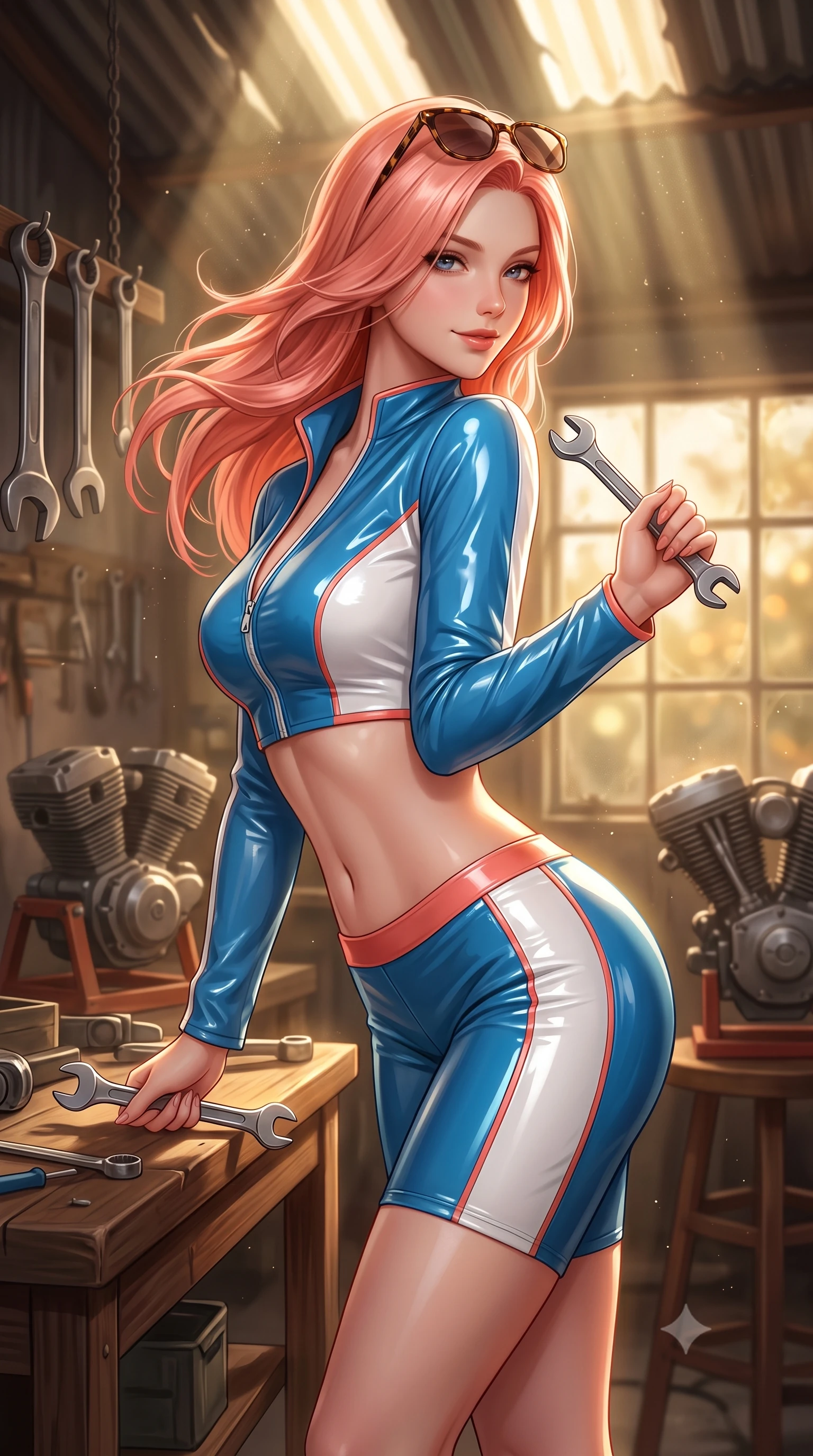 score_9, masterpiece, best quality, ultra-detailed, high-budget anime keyframe, semi-realistic 3D game render, editorial fashion photography, tasteful artistic composition, Japanese woman. close-up cowboy shot from the waist and thighs up, the character dominates the composition, filling the frame with her large presence. turning slowly with an enchanting smoldering smile, her glossy hair tossing in the breeze as her hips angle gracefully in a captivating contrapposto while leaning over the wooden workbench while arching her lower back to accentuate her curvy hips, holding a chrome wrench with seductive cool. The background shows a soft-focus hanging wrenches, motorcycle engine blocks on stands, and dusty window panes blurred into rust, brass, and golden ochre bokeh. She has an exceptionally elegant, slender, and willowy female figure with an ultra-slim waist, flat toned midriff, narrow ribcage, and sculpted feminine hips creating an alluring, slim hourglass silhouette without bulk. sharp v-shaped jawline, high-bridge nose, sparkling eyes with hypnotic seductive depth, thick curled eyelashes, glossy parted lips with a natural dewy peach sheen, alluring bedroom-eyes with an enchanting coquettish smile, exuding magnetic siren charisma and sophisticated glamour, flawlessly proportioned anatomical accuracy, strict slender model proportions, natural body alignment, perfectly sculpted long slender limbs, ultra-slim waistline, clean dynamic posture without body distortion. wearing a modern two-piece desert outlaw set featuring a zip-front crop jacket and curve-hugging low-rise biker shorts in Mediterranean cerulean blue and optic white with coral trims, crafted from wet-look high-gloss vinyl fabric with dazzling specular surface reflections, complemented by oversized designer tortoiseshell sunglasses resting atop her head, the second-skin tailored fabric adhering flawlessly to her sculpted flat midriff and slender torso, emphasizing her long leg lines and perfectly proportioned willowy build. bathed in dramatic shafts of golden afternoon sunlight cutting through corrugated roof cracks. highly saturated vibrant anime colors, detailed shading with soft gradients, rich glossy textures, high-contrast stereoscopic depth, volumetric dynamic lighting, master piece, 9:16 ratio