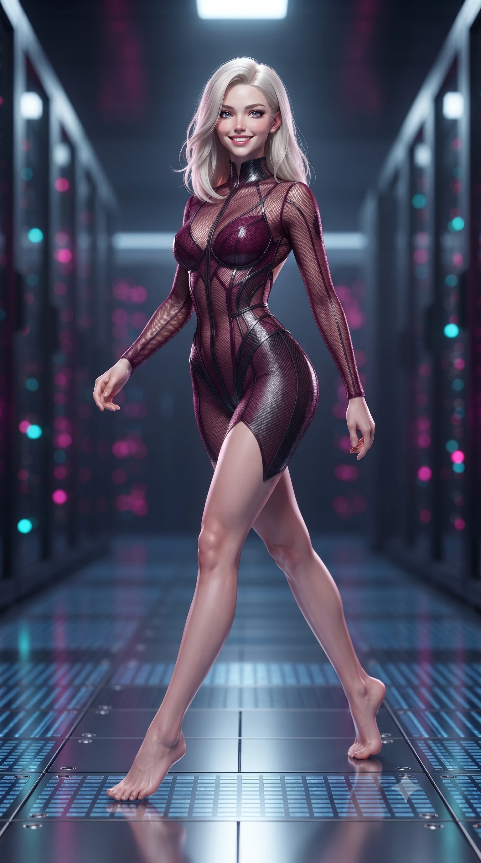 score_9, masterpiece, best quality, ultra-detailed, high-budget anime keyframe, editorial fashion photography, tasteful artistic composition, Caucasian woman. low angle full-body shot from head to toe showing her feet, filling the entire 9:16 vertical frame with her statuesque presence, stretching her vertical silhouette. striding forward gracefully across the reflective metal deck in mid-motion with a radiant beaming smile, hips swaying in an alluring kinetic rhythm that accentuates her curvy hourglass silhouette and long slender legs while standing poised in the center of the reflective vault floor, her tight combat suit and statuesque presence commanding the futuristic tech cathedral. The background shows a soft-focus endless towering rows of black glass quantum servers and glowing fiber-optic bundles blurred into laser magenta, cyan, and obsidian bokeh. She has an absolutely perfect, statuesque 8.5-heads proportion, an exceptionally tall and slender model-like female figure with impossibly long slender legs, an ultra-slim waist, a flat toned midriff, narrow delicate ribcage, and beautifully sculpted feminine hips creating a graceful, slim hourglass silhouette without any bulky heaviness. sharp v-shaped jawline, high-bridge nose, intricate jewel-like sparkling eyes with depth, thick eyelashes, glossy parted lips with a natural sheen, bright confident smile with an enchanting and coquettish sensual glint, exuding both youthful magnetic charm and sovereign high-tech allure, flawlessly proportioned anatomical accuracy, strict slender model proportions, natural body alignment, perfectly sculpted long slender limbs, ultra-slim waistline, clean dynamic posture without body distortion. wearing a sheer technical lace and carbon composite bodysuit with architectural cup boning and open back in deep wine crimson and dark carbon weave, crafted from sheer technical cyber-lace reinforced with ultra-thin Kevlar threads, finished with delicate carbon-fiber boning framing the narrow waistline, the aerodynamic second-skin silhouette tightly following the natural contour of her hips and long slender legs with youthful 8.5-heads elegance. illuminated by under-floor blue grid lights and sharp ultraviolet rim lighting defining her razor-sharp jawline, narrow waist, and curvy hips. ultra-reflective glossy finish, specular highlights, rich textural contrasts, high-contrast stereoscopic depth, volumetric dynamic lighting, 2k, ultra detail, master piece, 9:16 ratio