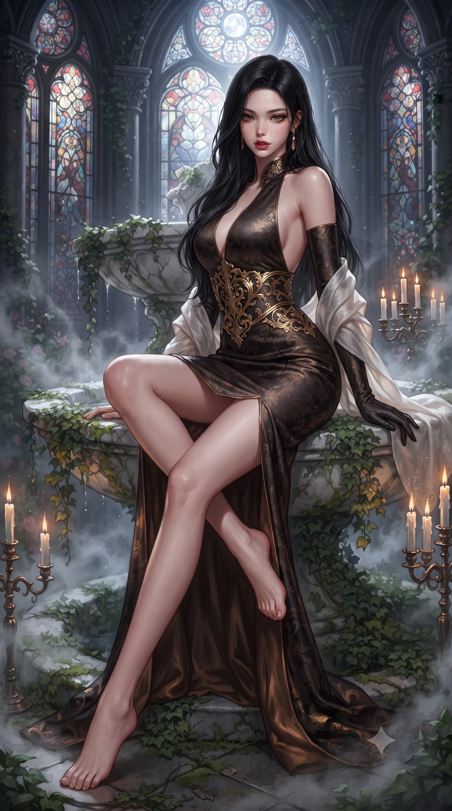 score_9, masterpiece, best quality, ultra-detailed, high-budget anime keyframe, editorial fashion photography, tasteful artistic composition, Korean woman. low angle full-body shot from head to toe showing her feet, filling the entire 9:16 vertical frame with her statuesque presence, stretching her vertical silhouette. sitting poised on the elevated edge with legs crossed and extended, her tall 8.5-heads proportions dominating the scene with effortless poise while arching her spine in a fluid, serpentine curve against a shattered marble fountain as silver moonlight filters through stained glass. The composition keeps background elements in soft focus with creamy bokeh. flickering antique candelabras and swirling garden mist softened in dreamy romantic shallow focus. She has an absolutely perfect, statuesque 8.5-heads proportion, an exceptionally tall and slender model-like female figure with impossibly long slender legs, a toned flat midriff, and an ultra-slim waist. sharp v-shaped jawline, high-bridge nose, intricate jewel-like eyes with depth, thick eyelashes, glossy parted lips with a natural sheen, intensely captivating and seductive expression, flawlessly proportioned anatomical accuracy, strict slender model proportions, natural body alignment, perfectly sculpted long slender limbs, ultra-slim waistline, clean dynamic posture without body distortion. wearing a sleek obsidian column dress with gold filigree waist cincher and plunging backline in shadowy espresso brown and molten bronze, made of rich textured jacquard silk with baroque gold thread, finished with a gossamer silk shawl draped loosely over her elbows, the glove-like aerodynamic second-skin fit tightly clinging to her ultra-slender waist and feminine curves without adding bulk. surrounded by a seductive, aristocratic, and dangerously alluring vampire queen aura. ultra-reflective glossy finish, specular highlights, rich textural contrasts, high-contrast stereoscopic depth, volumetric dynamic lighting, 2k, ultra detail, master piece, 9:16 ratio