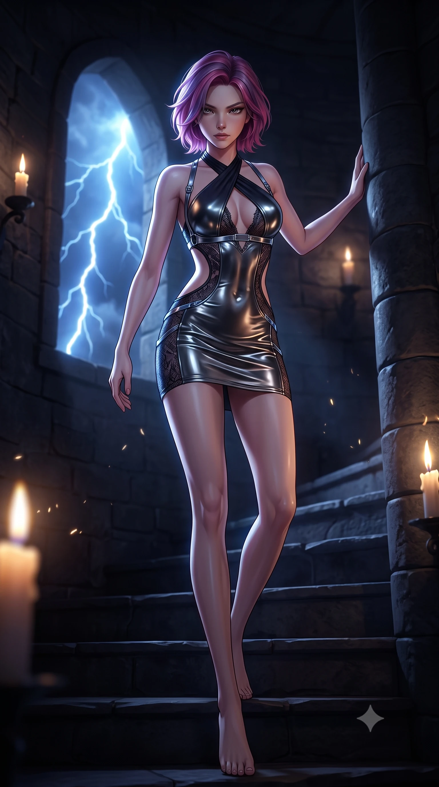 score_9, masterpiece, best quality, ultra-detailed, high-budget anime keyframe, semi-realistic 3D game render, editorial fashion photography, tasteful artistic composition, Caucasian woman. low angle full-body shot from head to toe showing her feet, filling the entire 9:16 vertical frame with her statuesque presence, stretching her vertical silhouette. performing an alluring mid-air vault with flawless poise, looking directly into the camera with smoldering, predatory intensity while ascending a dark spiral stone staircase as flashes of blue lightning cast dramatic high-contrast chiaroscuro shadows across her torso. The composition keeps background elements in soft focus with creamy bokeh. flickering candle flames and lightning flashes scattering subtle specular glints across a dark backdrop. She has an absolutely perfect, statuesque 8.5-heads proportion, an exceptionally tall and slender model-like female figure with impossibly long slender legs, a toned flat midriff, and an ultra-slim waist. sharp v-shaped jawline, high-bridge nose, intricate jewel-like eyes with depth, thick eyelashes, glossy lips with a natural sheen, flawlessly proportioned anatomical accuracy, strict slender model proportions, natural body alignment, perfectly sculpted long slender limbs, ultra-slim waistline, clean dynamic posture without body distortion. wearing a molten gunmetal liquid-metal mini dress featuring deep side-waist cutouts and a daring crossover halter neckline in dark obsidian black with polished gunmetal accents, crafted from delicate dark lace interwoven with luminescent micro-fibers, reinforced by a sleek metallic chrome harness and delicate dark glowing micro-straps, the glove-like aerodynamic second-skin fit tightly clinging to her ultra-slender waist and athletic curves without adding bulk, accentuating her razor-sharp statuesque lines and slim hourglass silhouette. bathed in dramatic blue lightning flashes and warm flickering crimson candlelight backlighting. rich saturated anime colors with deep moody shadows, detailed chiaroscuro shading with soft gradients, rich glossy textures, high-contrast stereoscopic depth, volumetric dynamic shadow lighting, master piece, 9:16 ratio